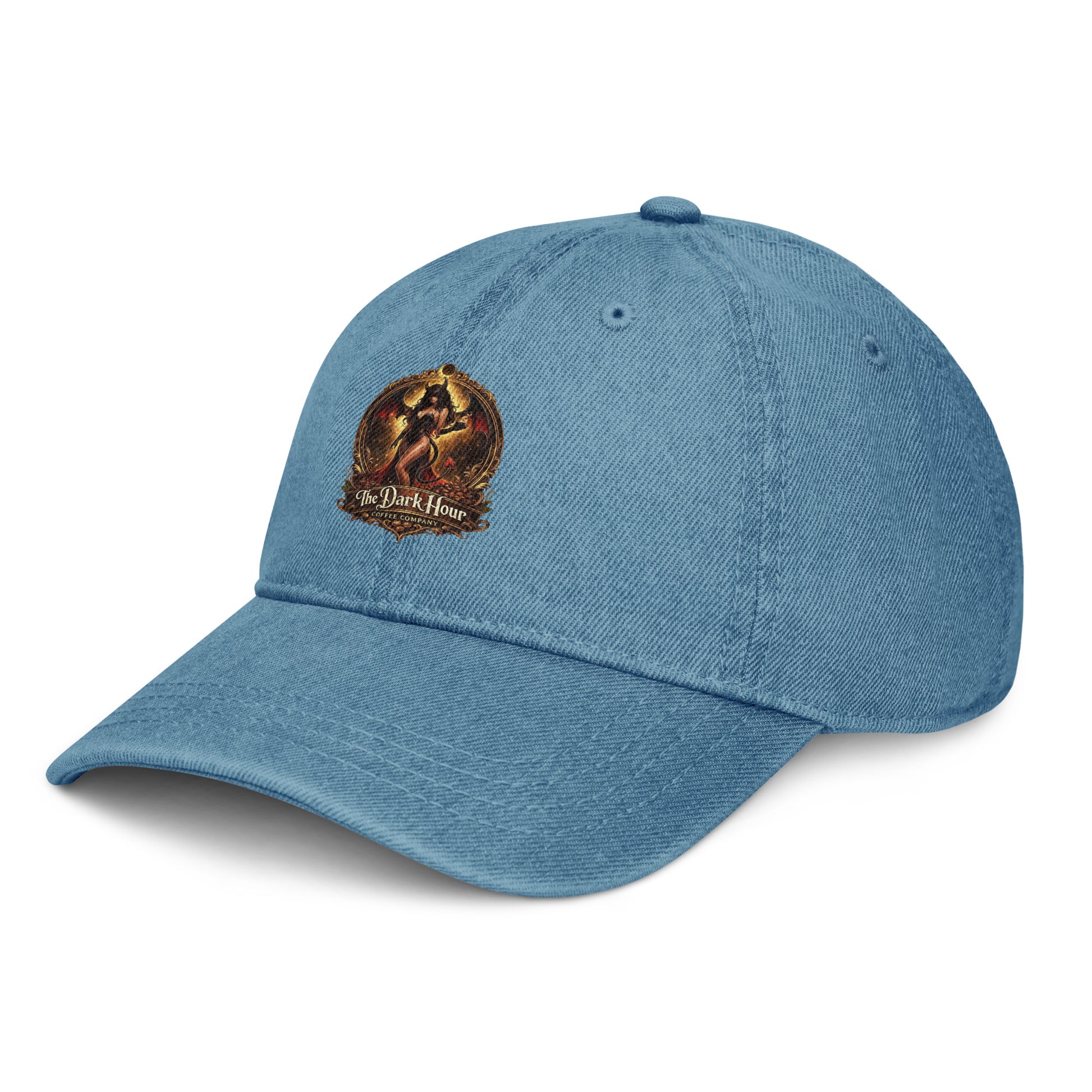 Blue denim hat from The Dark Hour Coffee Company, shown from the front left angle.