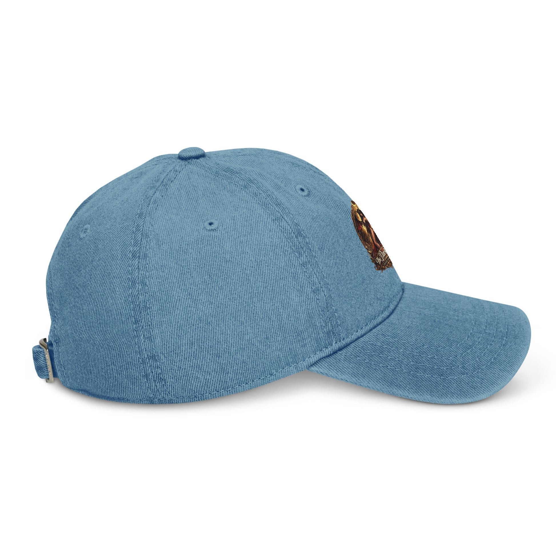 Blue denim hat from The Dark Hour Coffee Company featuring a stylish casual design, shown from the right side.
