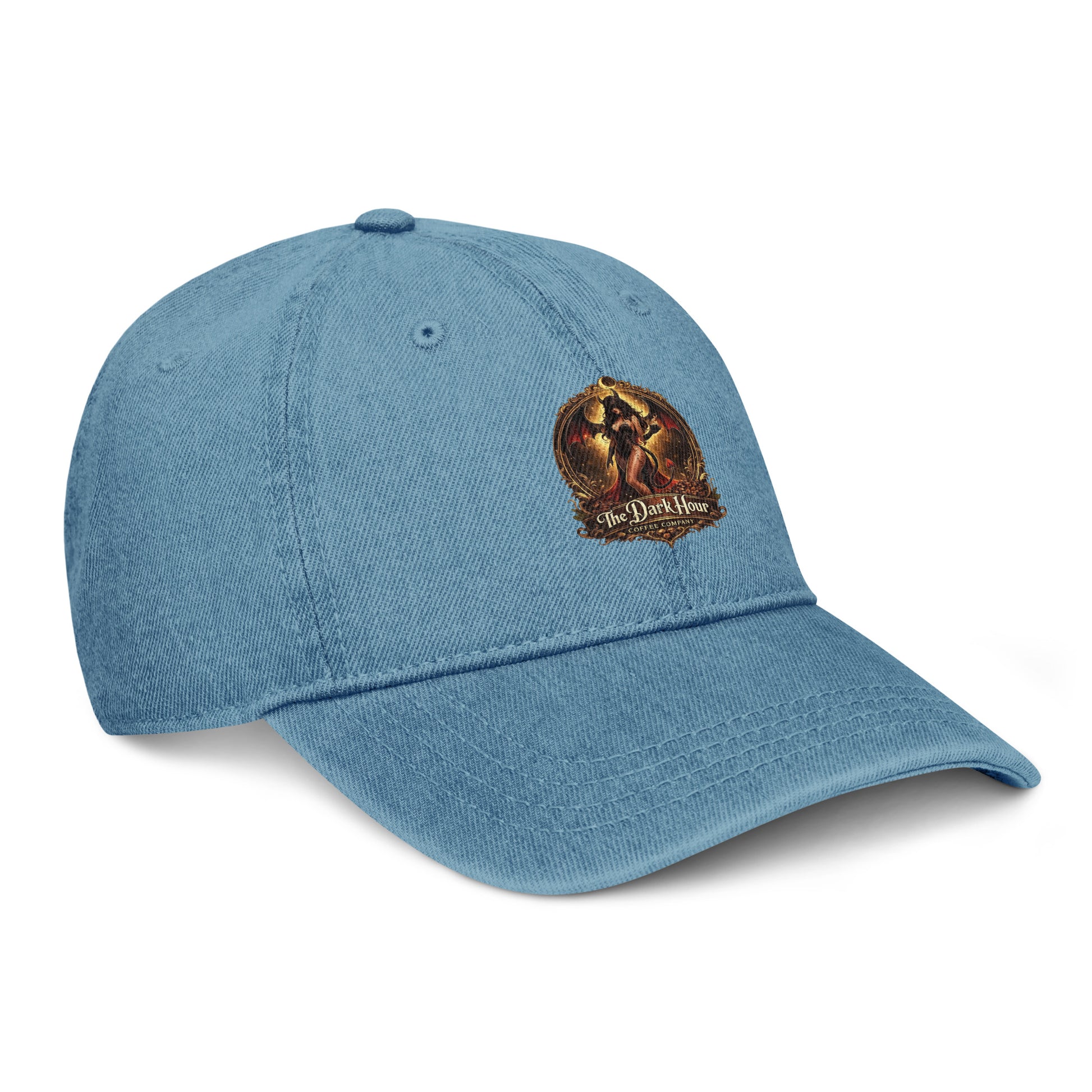 Blue denim hat from The Dark Hour Coffee Company shown from the right front angle. Classic casual style with visible stitching.