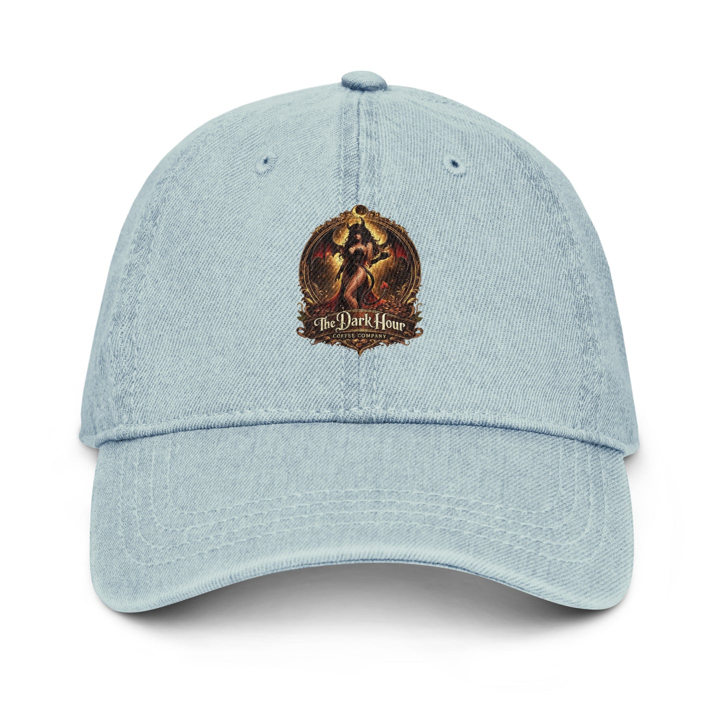 Light blue denim hat with front stitching, stylish casual accessory from The Dark Hour Coffee Company.