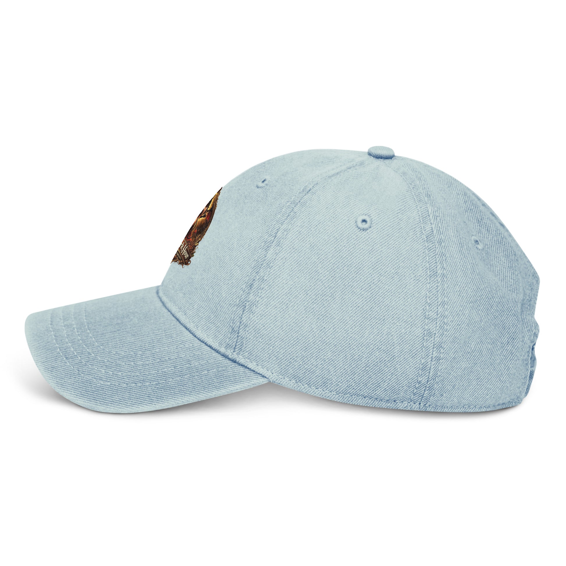 Light blue denim hat from The Dark Hour Coffee Company, shown from the left side with a casual, stylish design