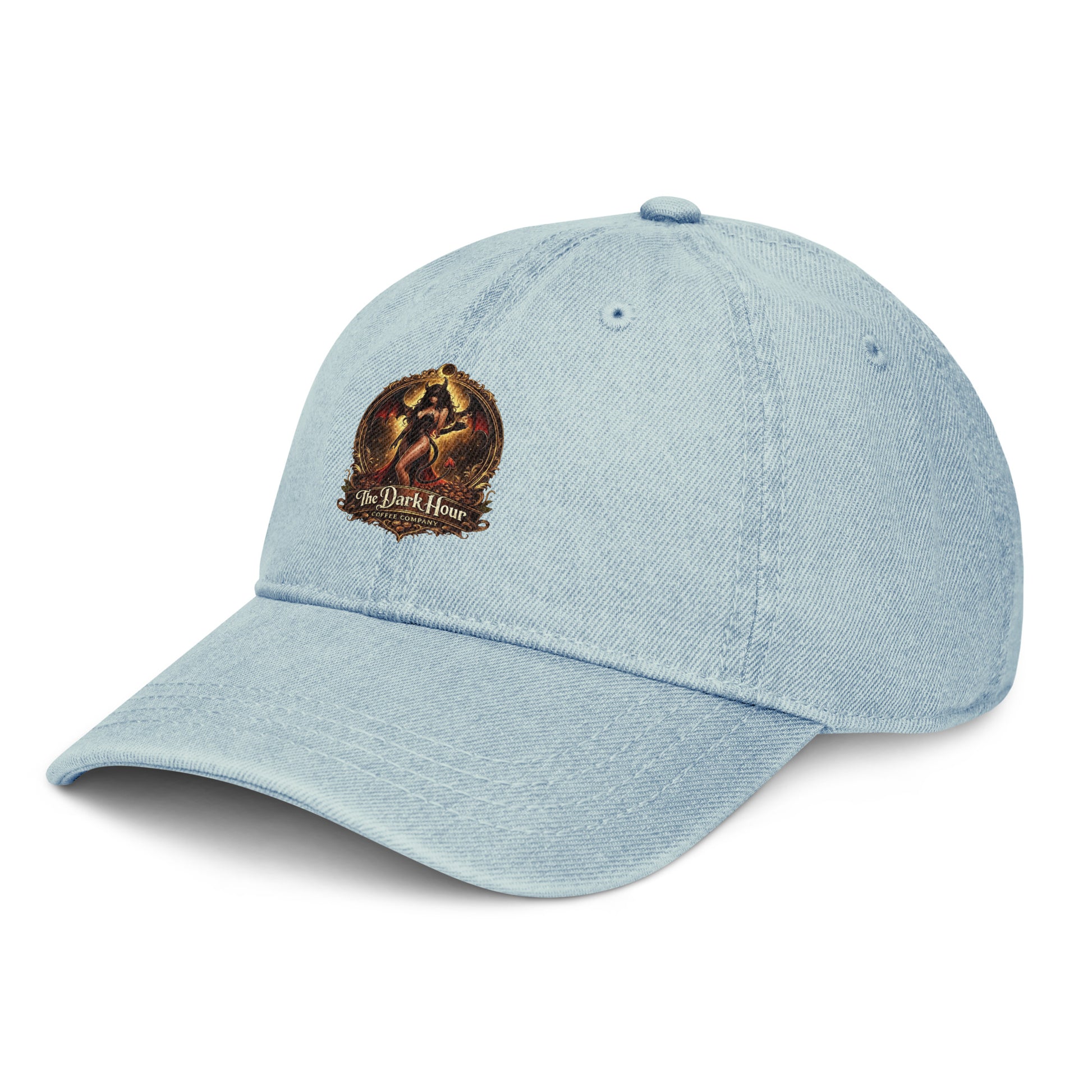 Light blue denim hat from The Dark Hour Coffee Company, shown from the front left angle. Casual, stylish headwear accessory.