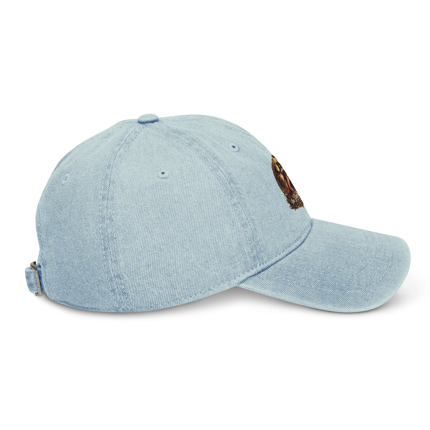 Light blue denim hat from The Dark Hour Coffee Company, shown from the right side with visible stitching and classic cap design.