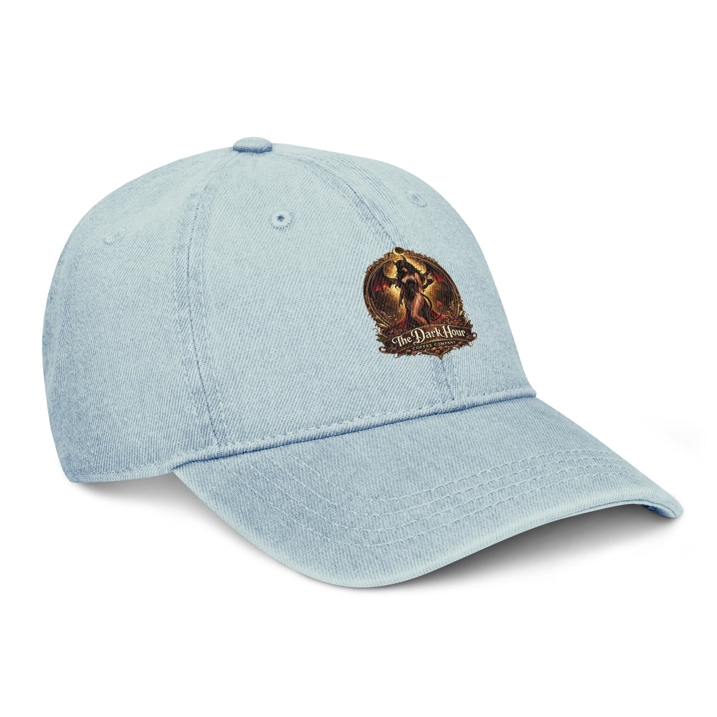 Light blue denim hat from The Dark Hour Coffee Company, shown from the front right angle with visible stitching and branding details.