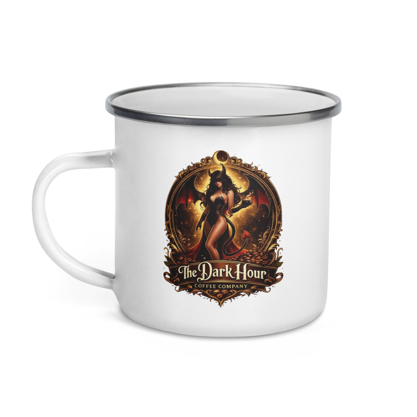 White 12 oz enamel mug by The Dark Hour Coffee Company, shown from the left side with a smooth glossy finish.