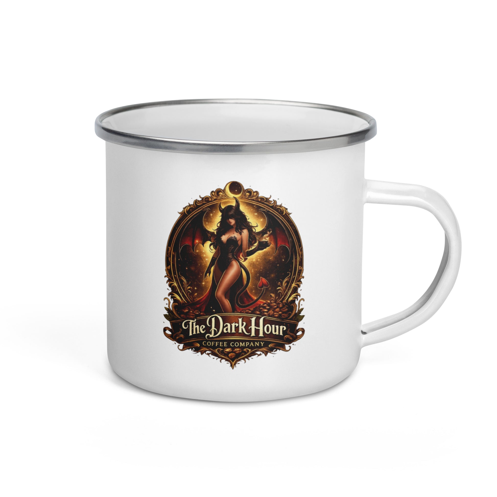 White 12 oz enamel mug from The Dark Hour Coffee Company, showing a rustic design with a sturdy handle.