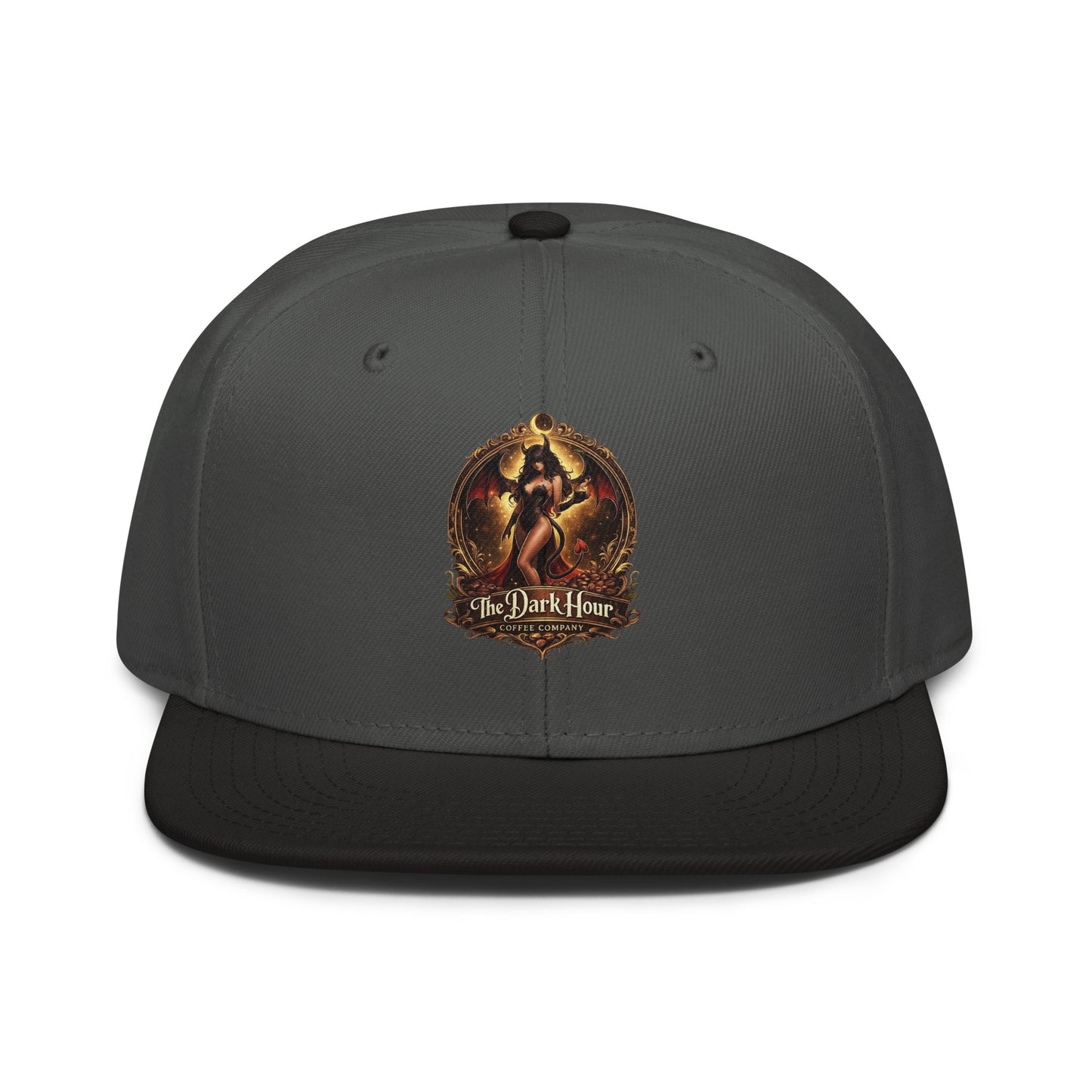 Black charcoal gray snapback hat with flat brim and embroidered logo from The Dark Hour Coffee Company, front view.