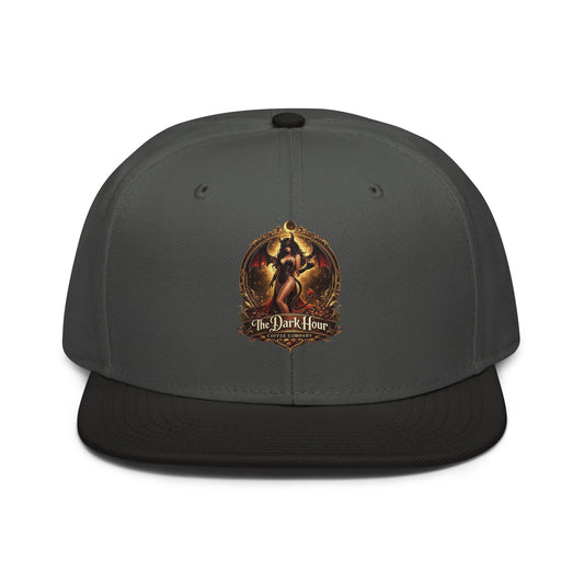 Black charcoal gray snapback hat with flat brim and embroidered logo from The Dark Hour Coffee Company, front view.