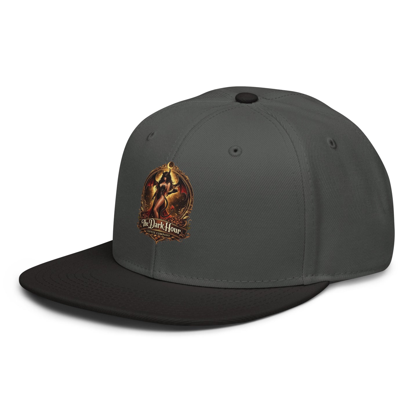 Black charcoal gray snapback hat by The Dark Hour Coffee Company, shown from the front-left angle.