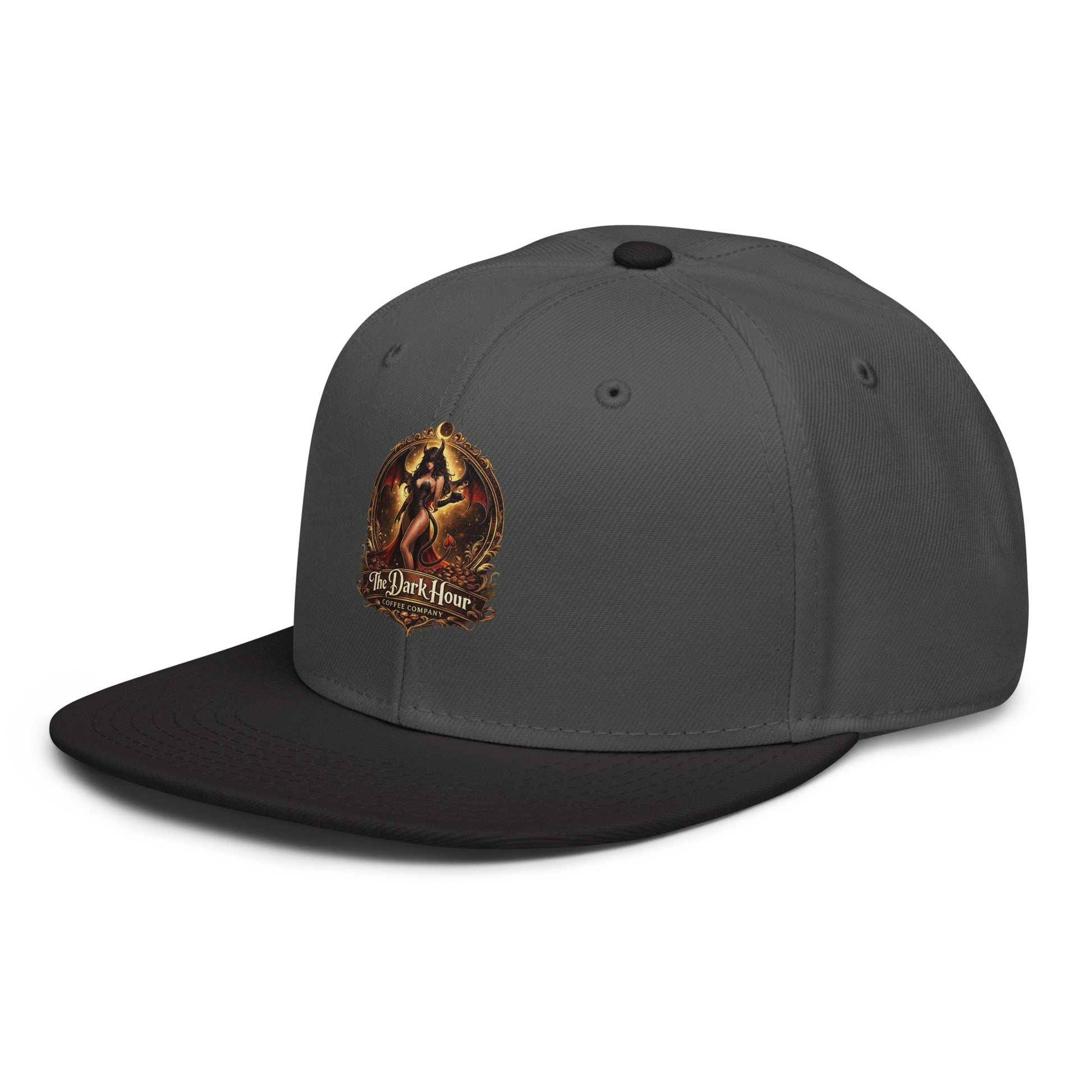 Black charcoal gray snapback hat by The Dark Hour Coffee Company, shown from the front-left angle.