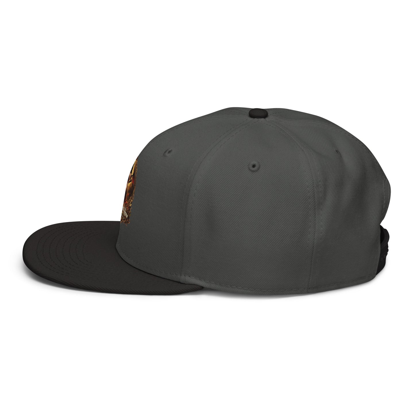 Black and charcoal gray snapback hat by The Dark Hour Coffee Company, shown from the left side.