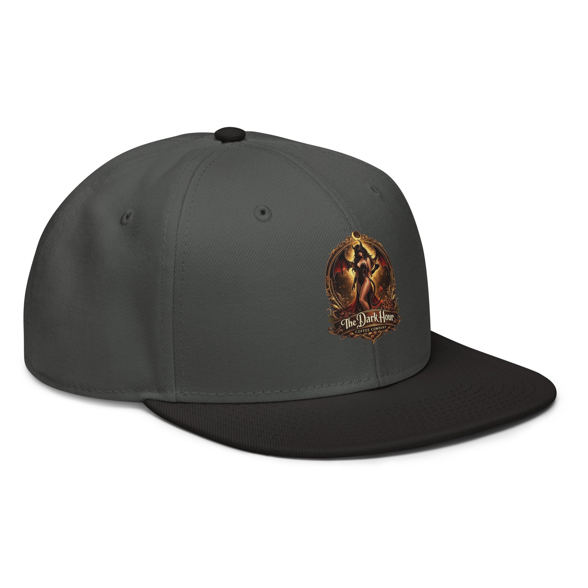 Black and charcoal gray snapback hat from The Dark Hour Coffee Company, showing the front and side details.