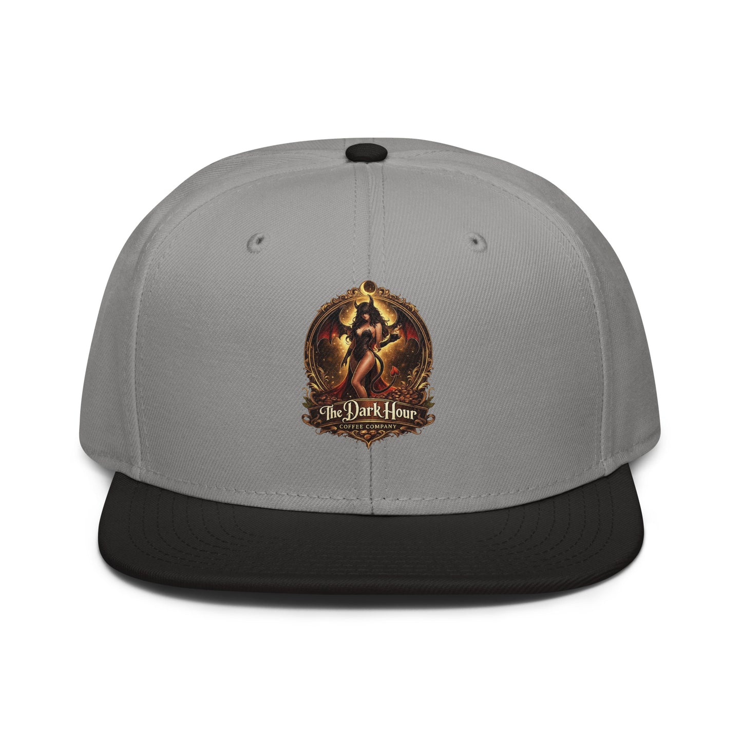 Black and gray snapback hat from The Dark Hour Coffee Company featuring a front design and adjustable fit.
