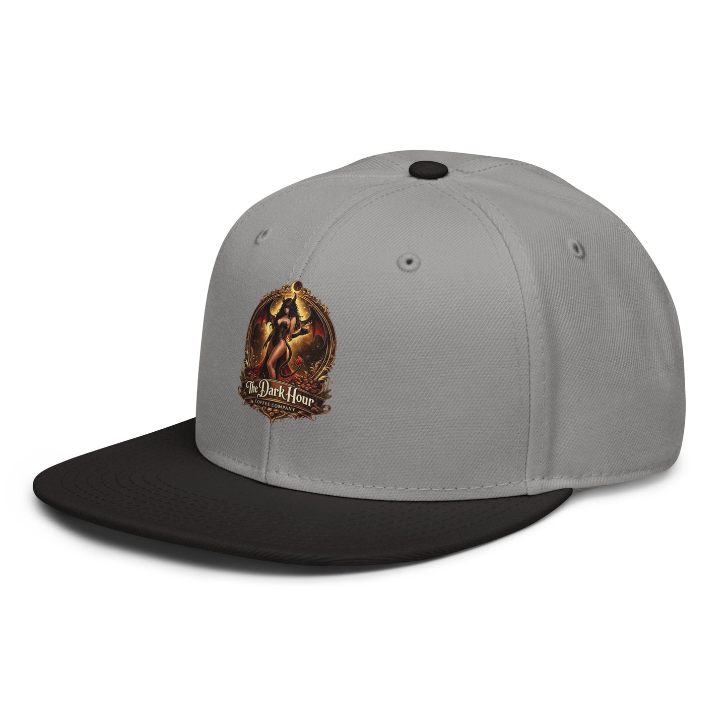 Black and gray snapback hat from The Dark Hour Coffee Company, featuring a stylish front design and adjustable strap.