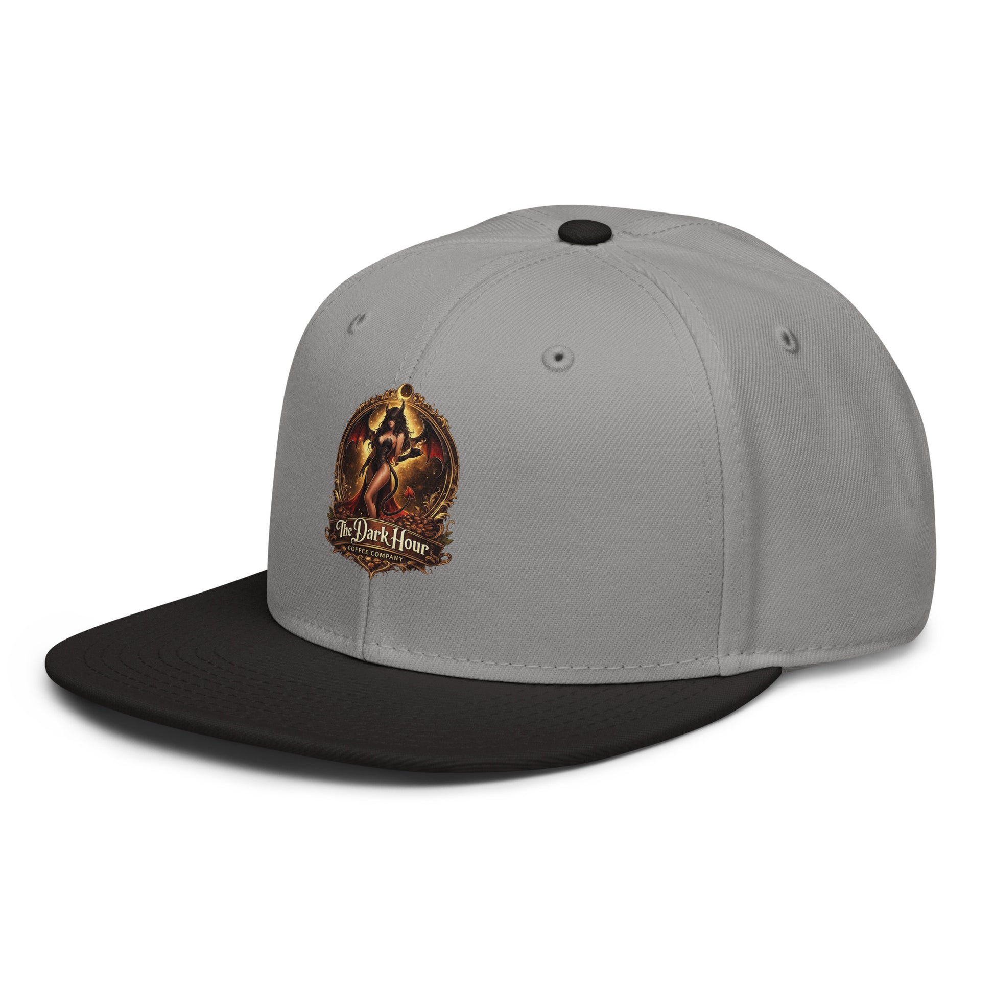 Black and gray snapback hat from The Dark Hour Coffee Company, featuring a stylish front design and adjustable strap.