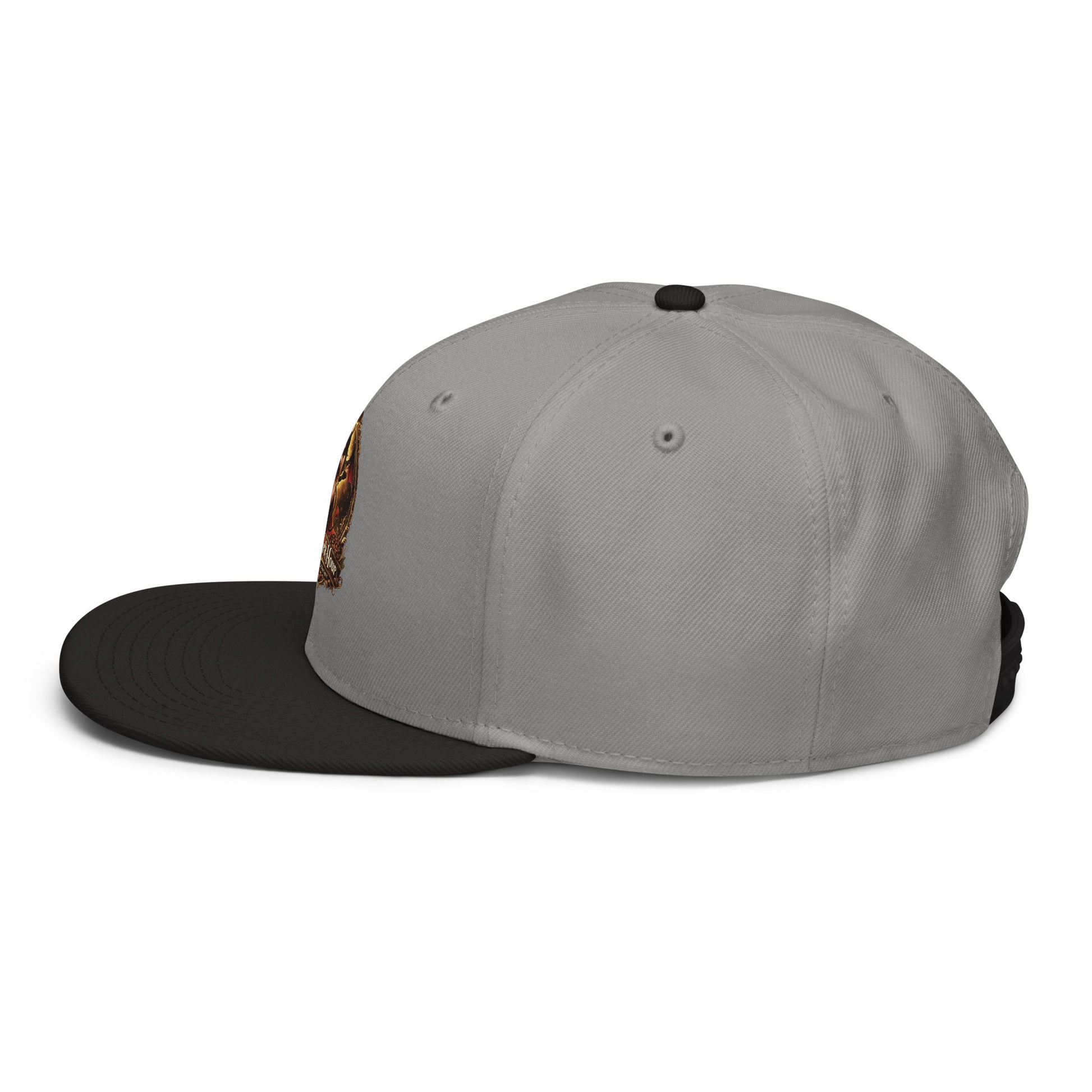 Black and gray snapback hat from The Dark Hour Coffee Company, shown from the left side with a flat brim and adjustable strap.