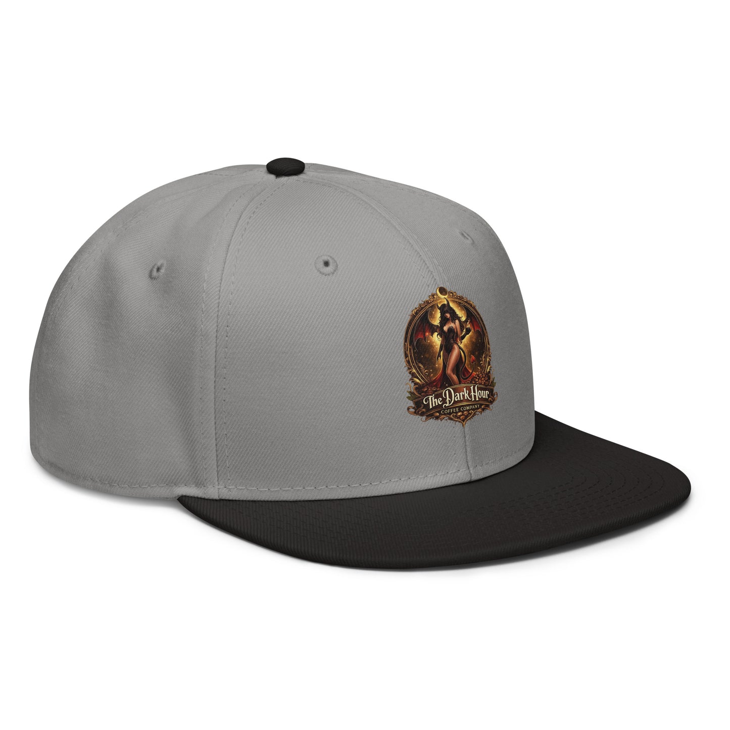 Black and gray snapback hat from The Dark Hour Coffee Company, shown from the right front angle.