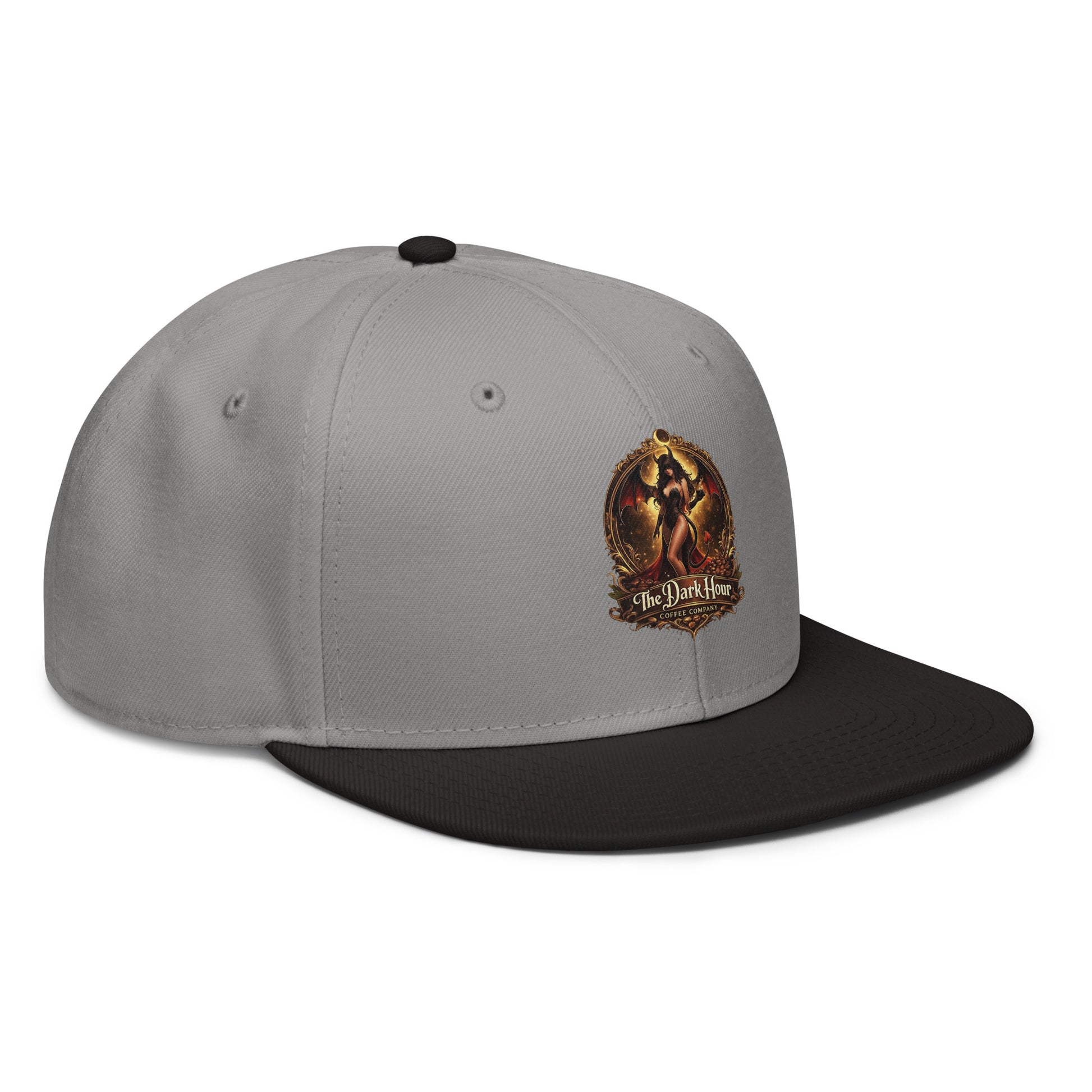Black and gray snapback hat from The Dark Hour Coffee Company, shown from the right front angle.