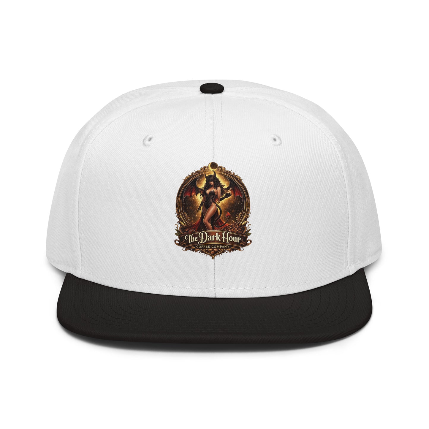 Black and white snapback hat by The Dark Hour Coffee Company, front view showing adjustable snapback closure.