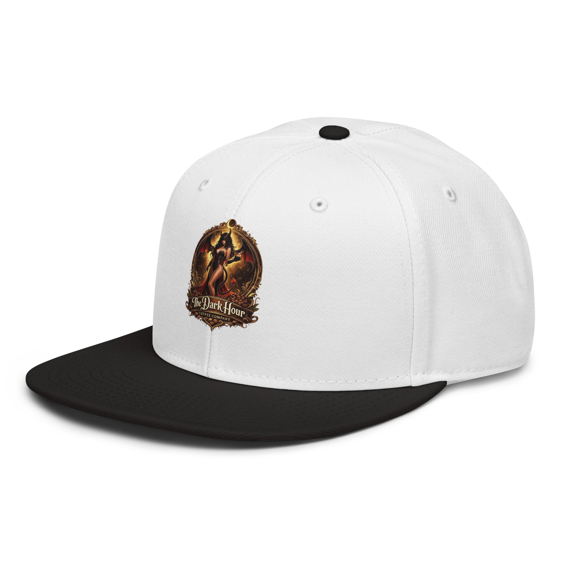 Black and white snapback hat by The Dark Hour Coffee Company, shown from the left front angle.