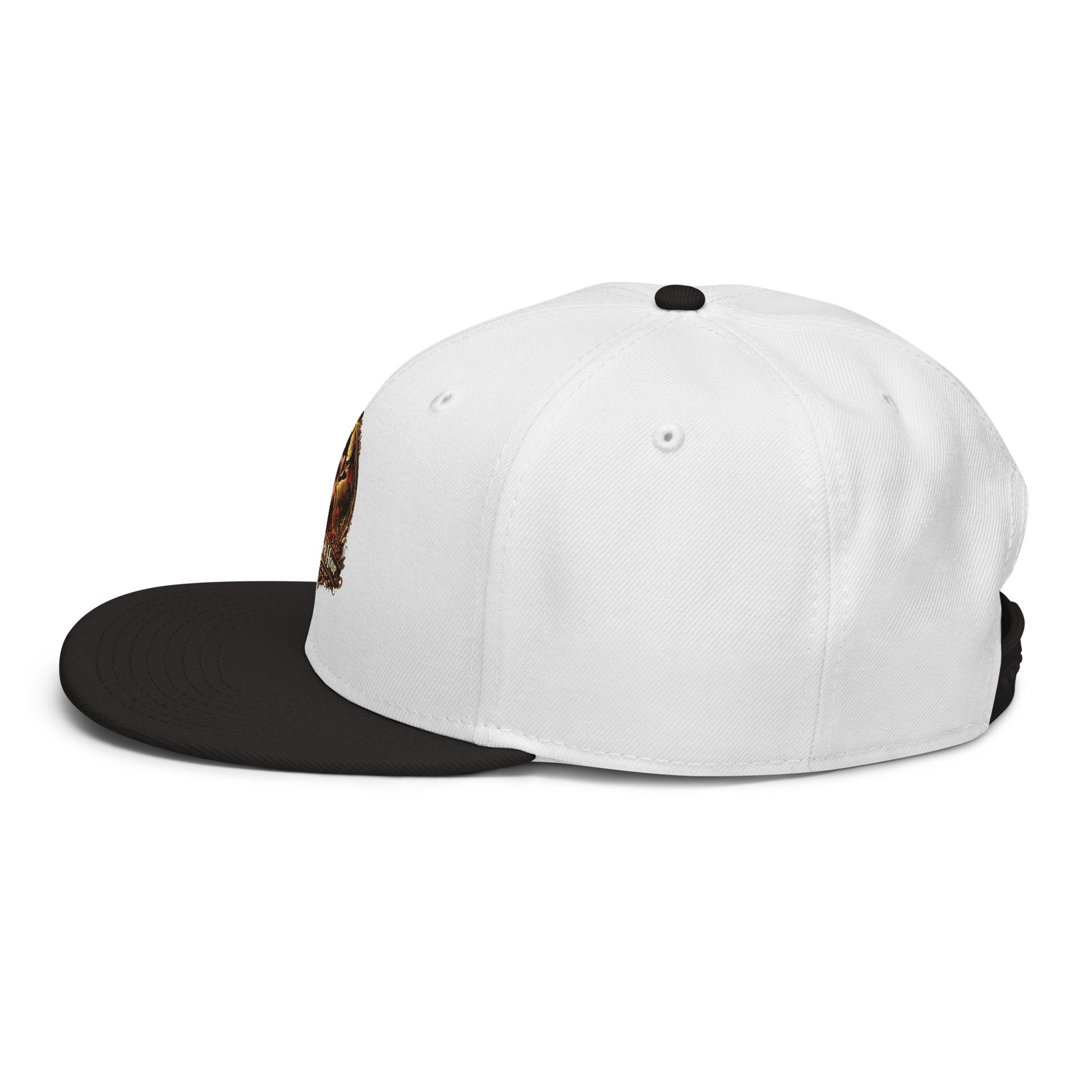 Black and white snapback hat from The Dark Hour Coffee Company viewed from the left side.