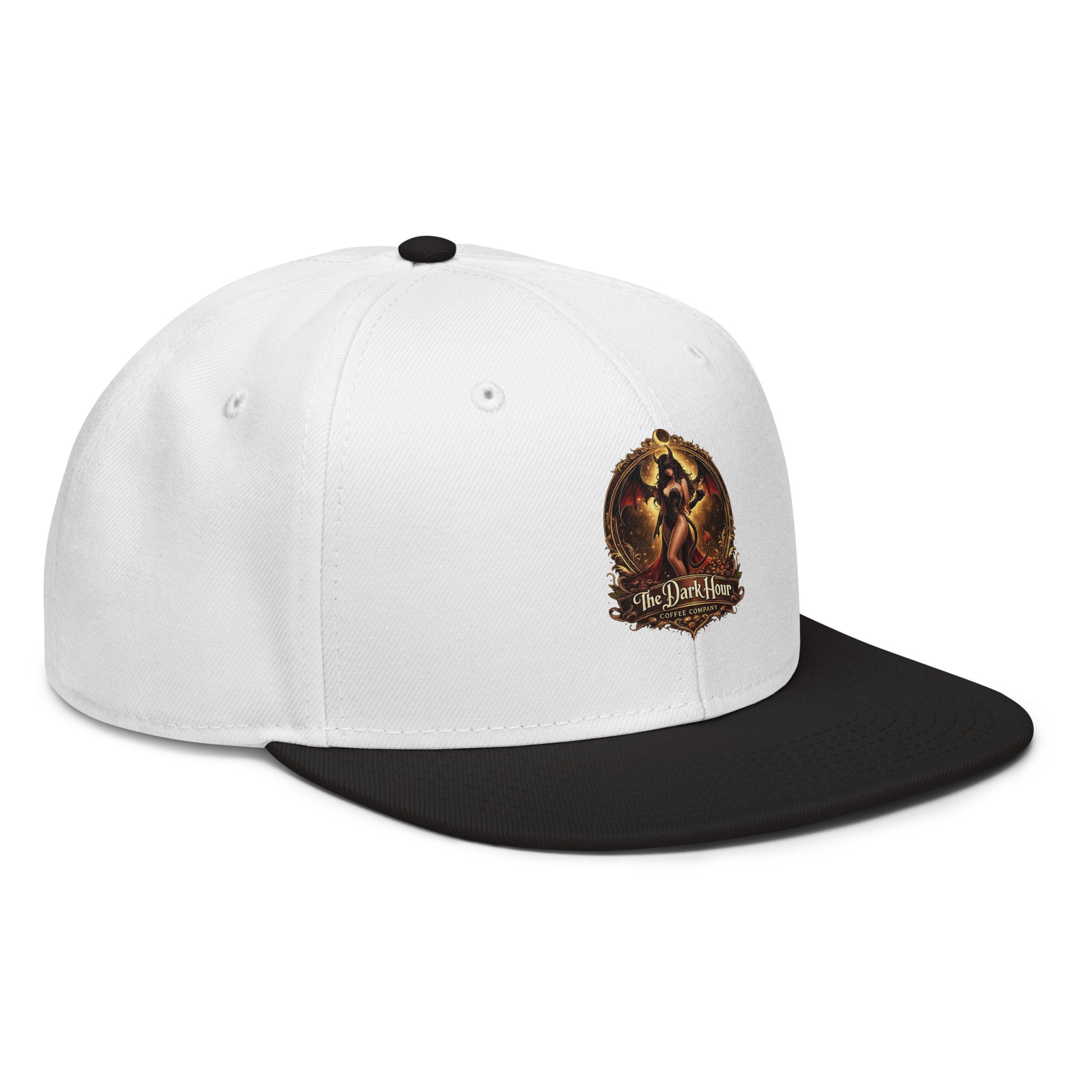 Black and white snapback hat from The Dark Hour Coffee Company, right front view showing the structured cap and logo detail.