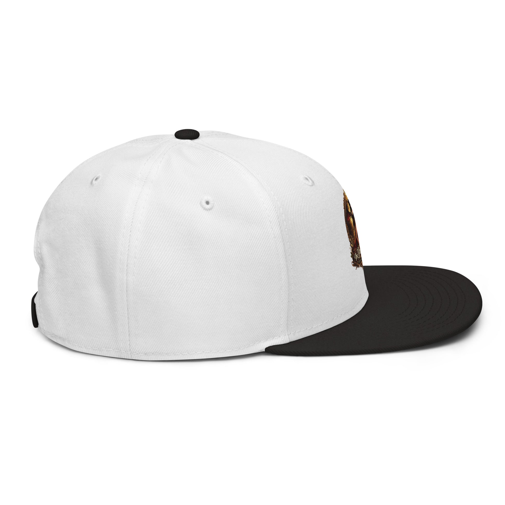 Black and white snapback hat from The Dark Hour Coffee Company, shown from the right side with a structured brim.