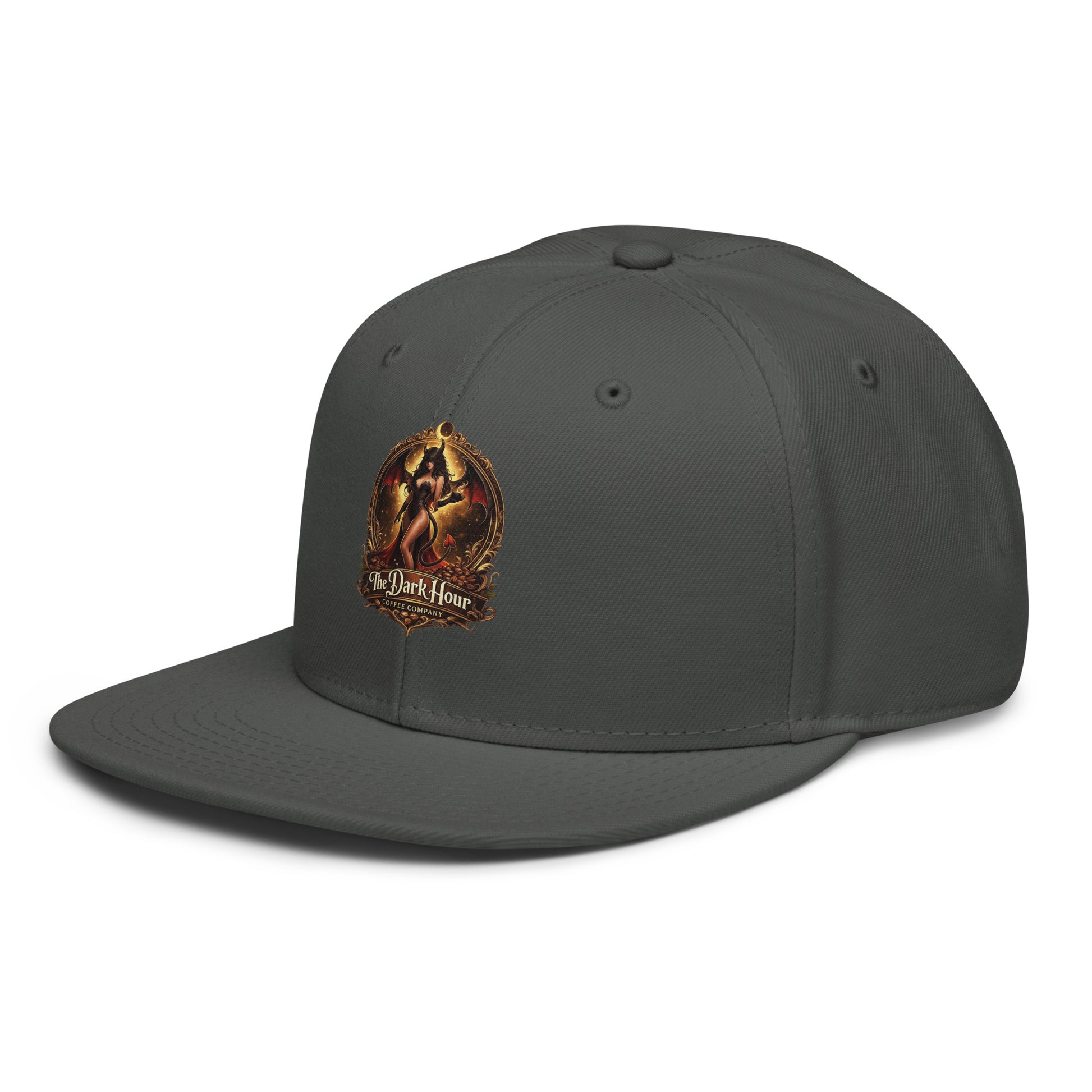 Charcoal gray snapback hat by The Dark Hour Coffee Company, shown from the left front angle.