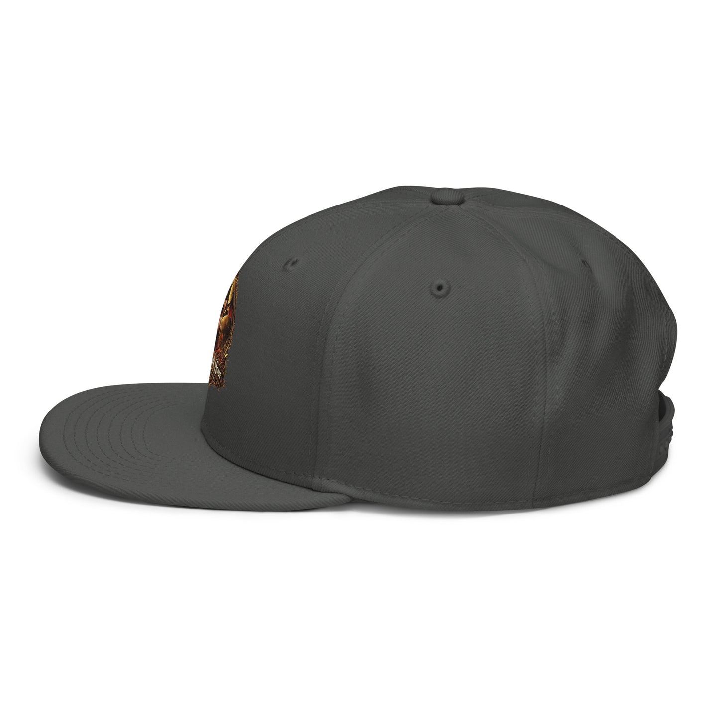 Charcoal gray snapback hat from The Dark Hour Coffee Company, shown from the left side with a flat brim and adjustable strap.