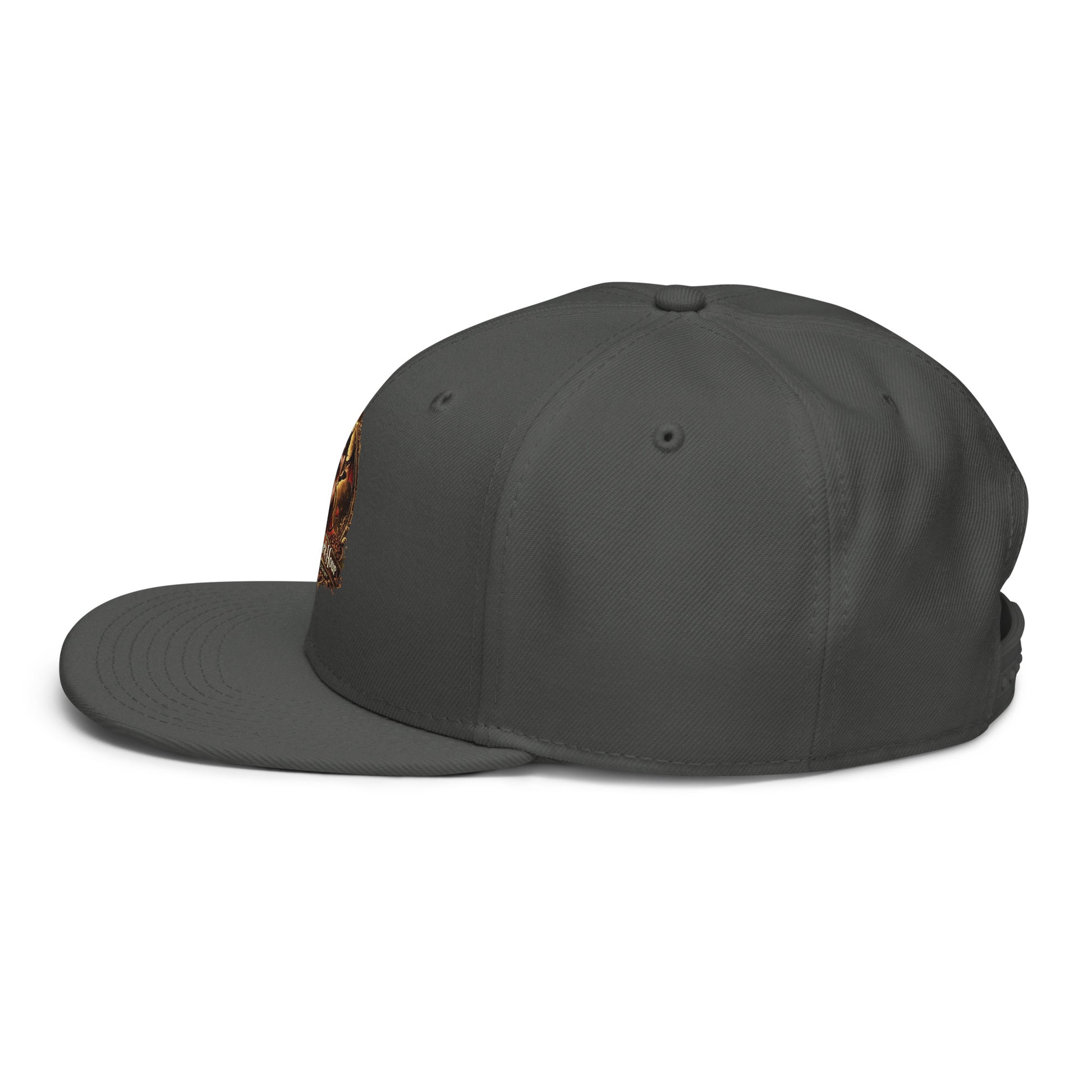 Charcoal gray snapback hat from The Dark Hour Coffee Company, shown from the left side with a flat brim and adjustable strap.