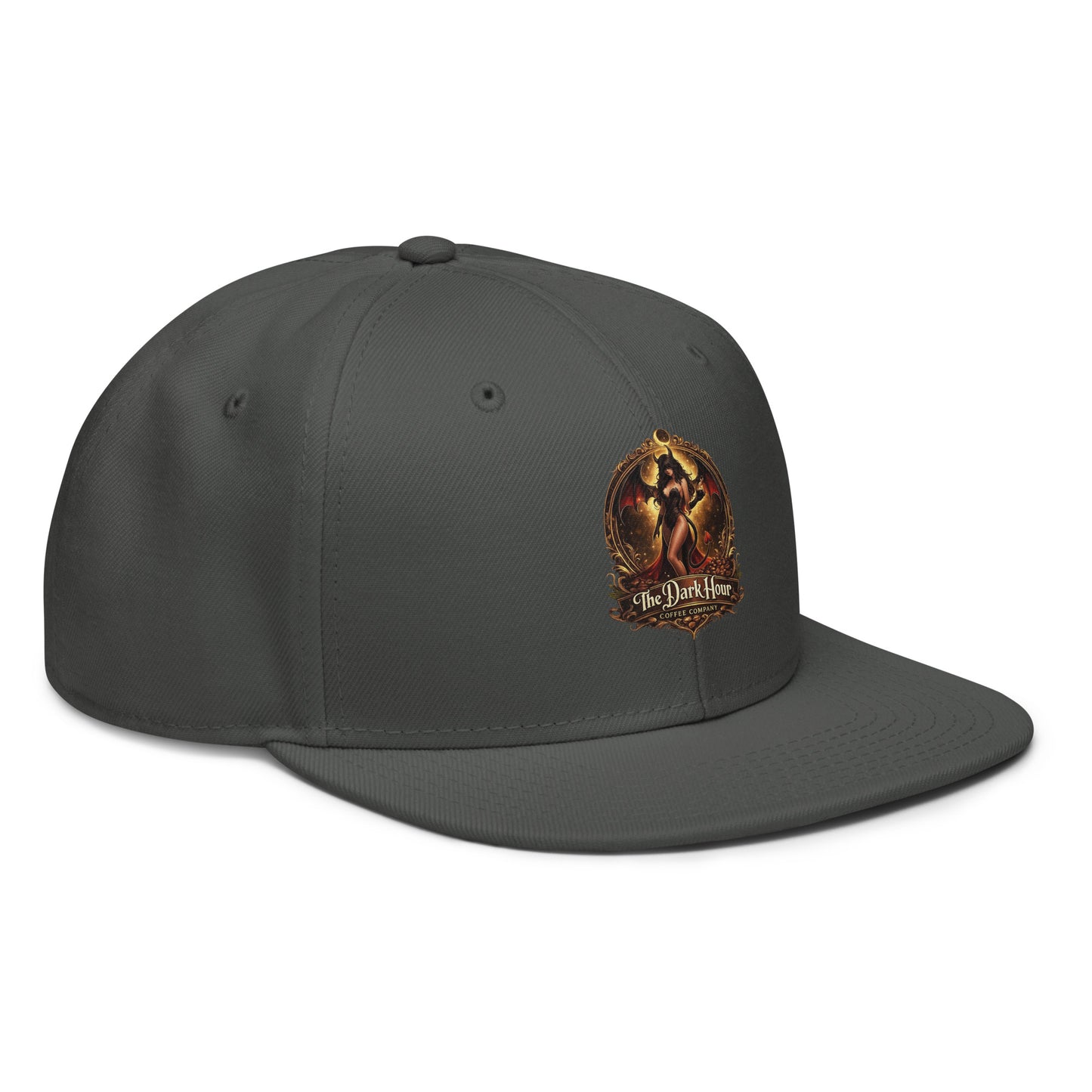 Charcoal gray snapback hat from The Dark Hour Coffee Company, showing the right front view with adjustable brim and logo detail.