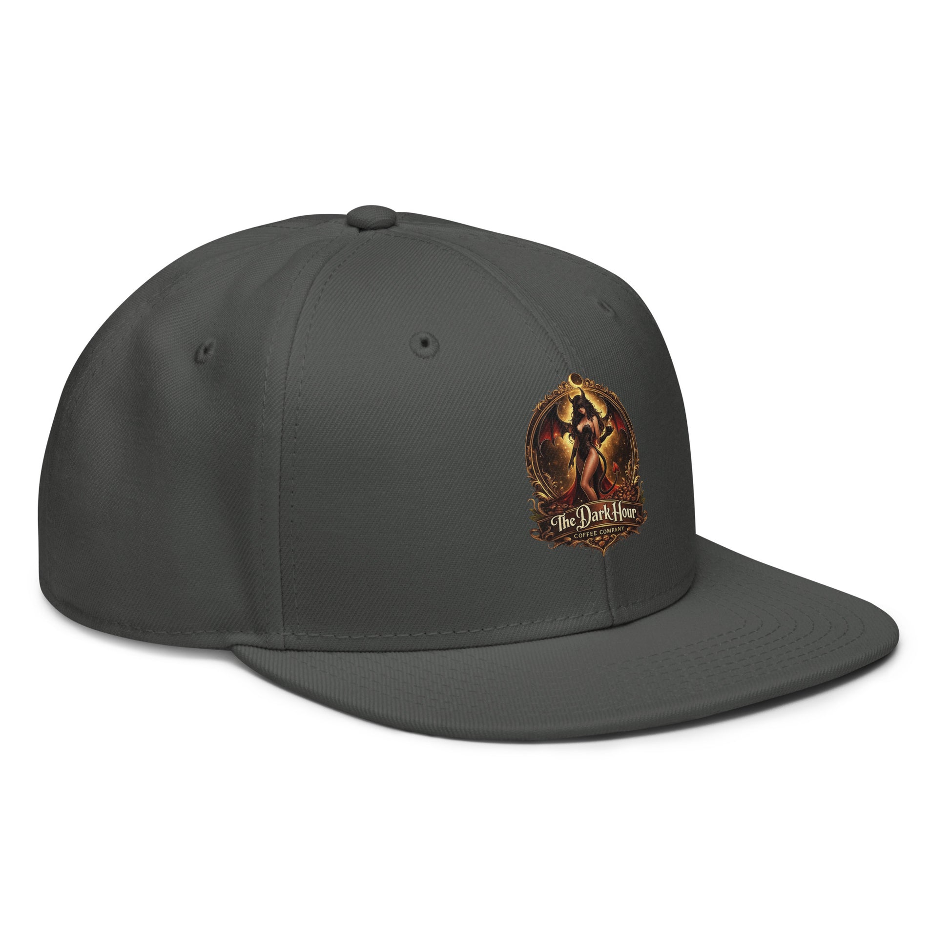 Charcoal gray snapback hat from The Dark Hour Coffee Company, showing the right front view with adjustable brim and logo detail.
