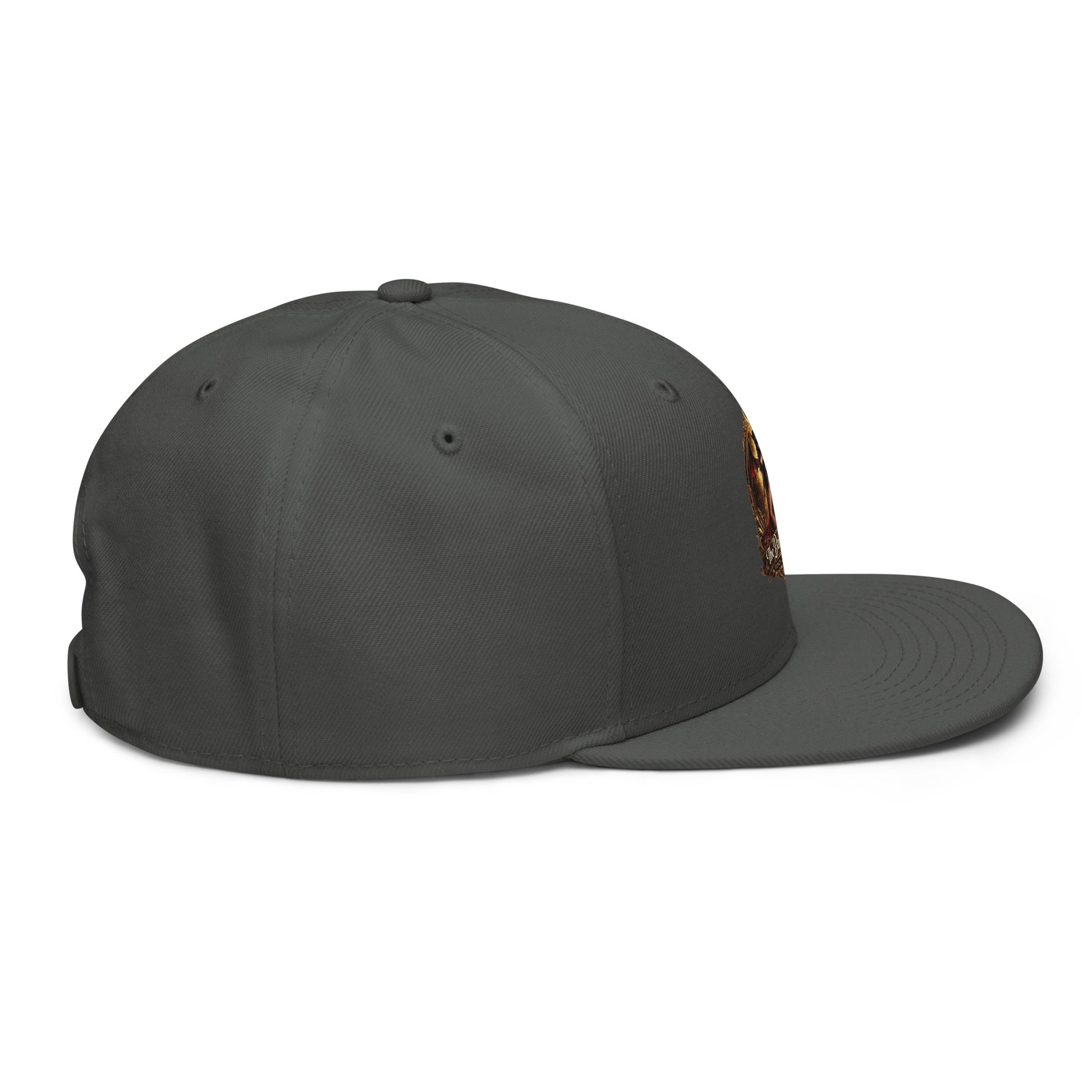 Charcoal gray snapback hat from The Dark Hour Coffee Company, shown from the right side with a structured brim and adjustable strap.