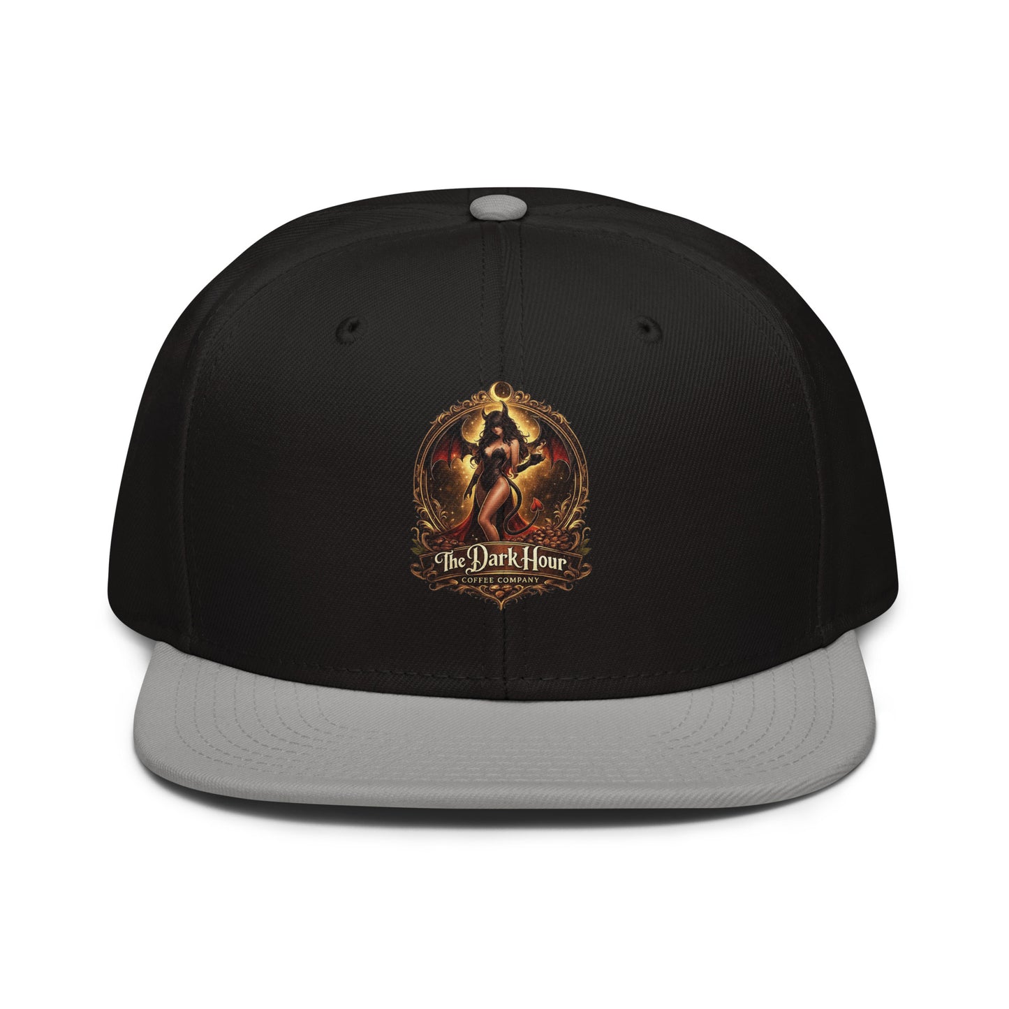 Gray and black Snapback Hat by The Dark Hour Coffee Company, featuring a classic front design and adjustable strap.