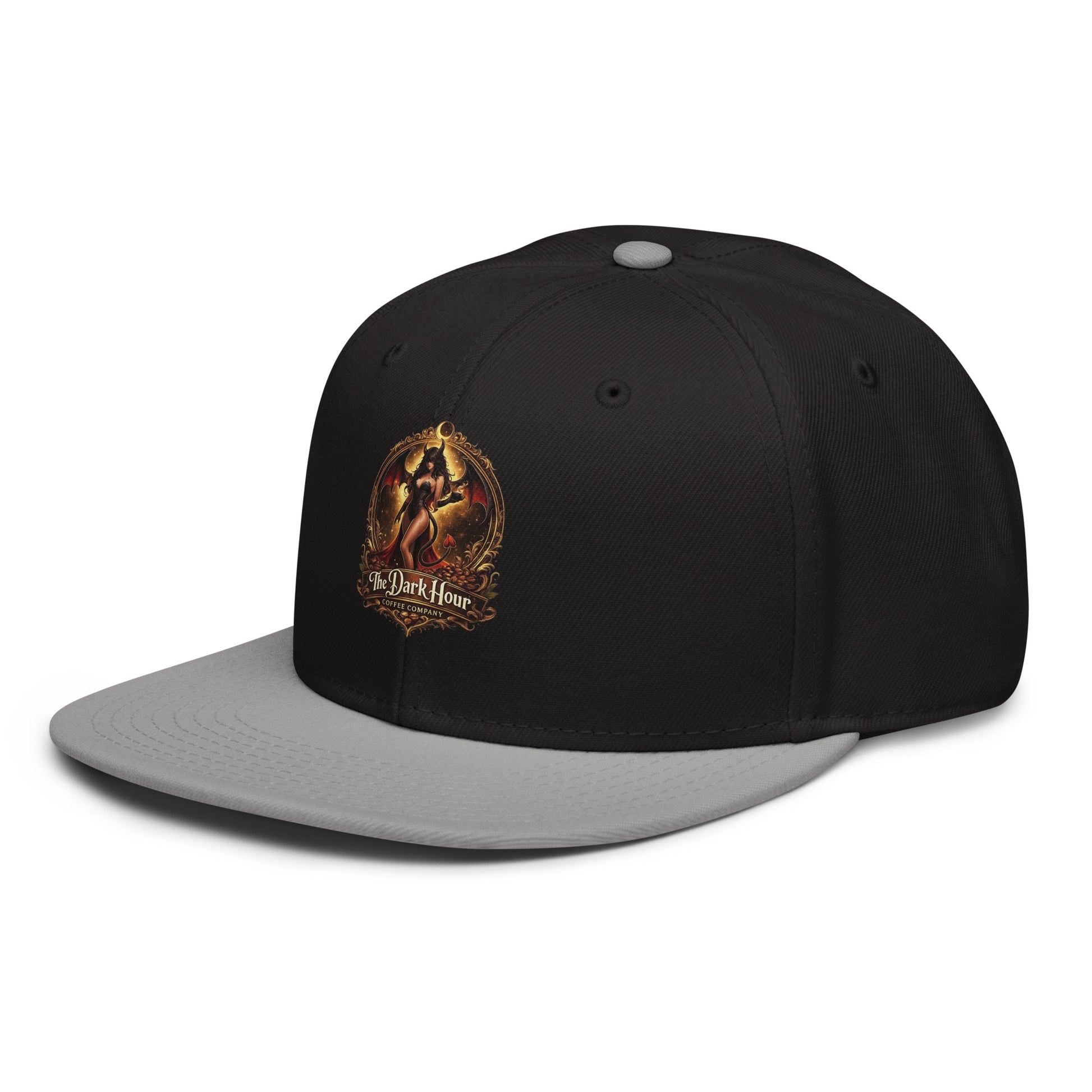 Gray and black snapback hat from The Dark Hour Coffee Company, shown from the front left angle.