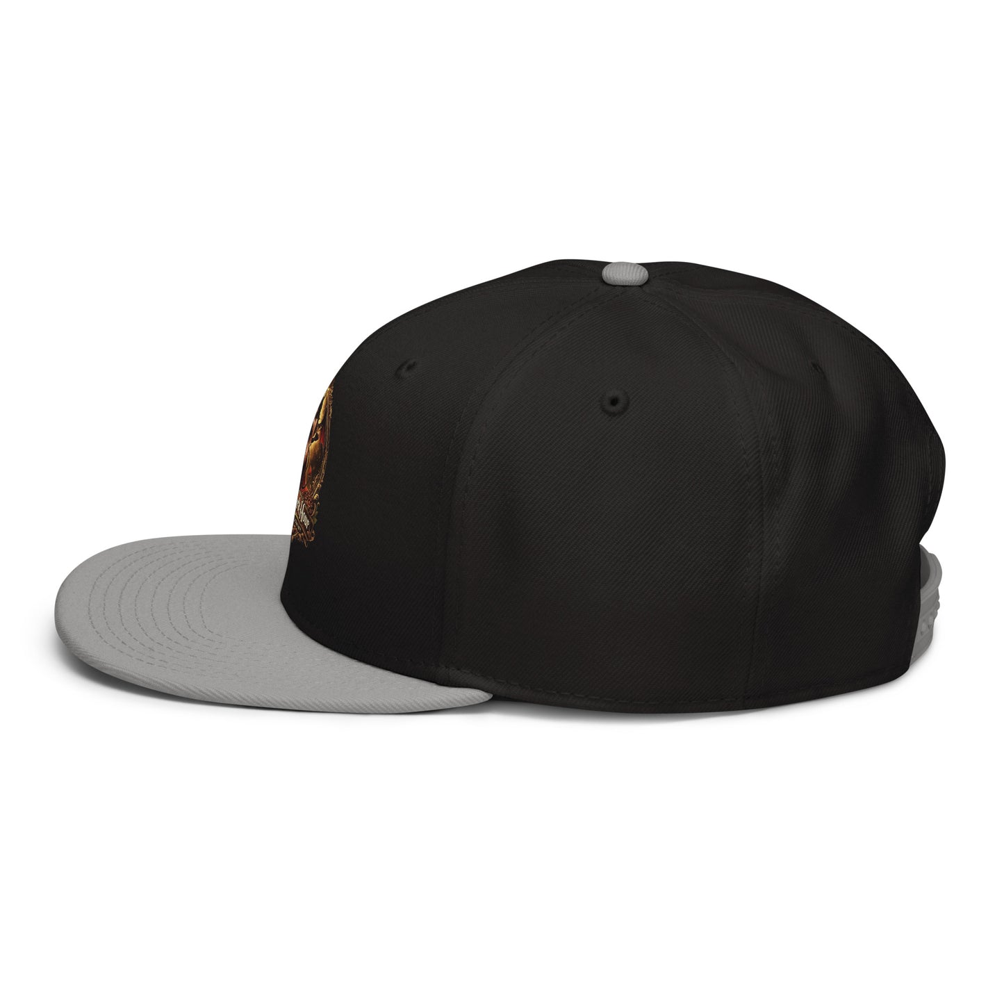 Gray and black snapback hat from The Dark Hour Coffee Company, showing left side with adjustable strap