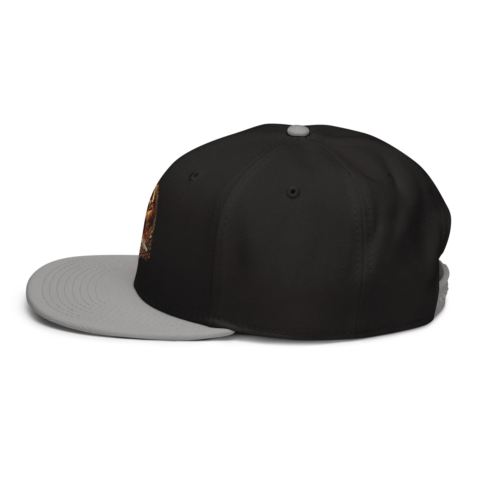 Gray and black snapback hat from The Dark Hour Coffee Company, showing left side with adjustable strap