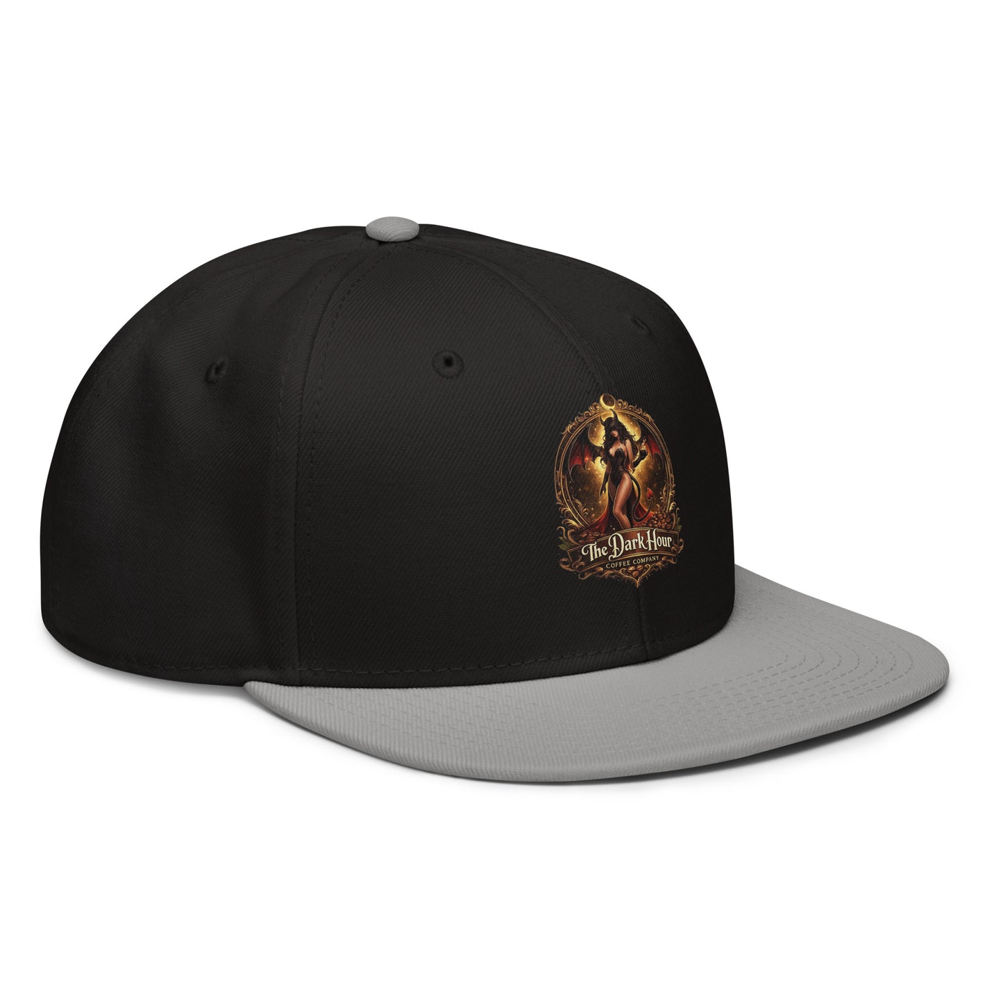 Gray and black snapback hat from The Dark Hour Coffee Company, shown from the right front angle with a structured design.