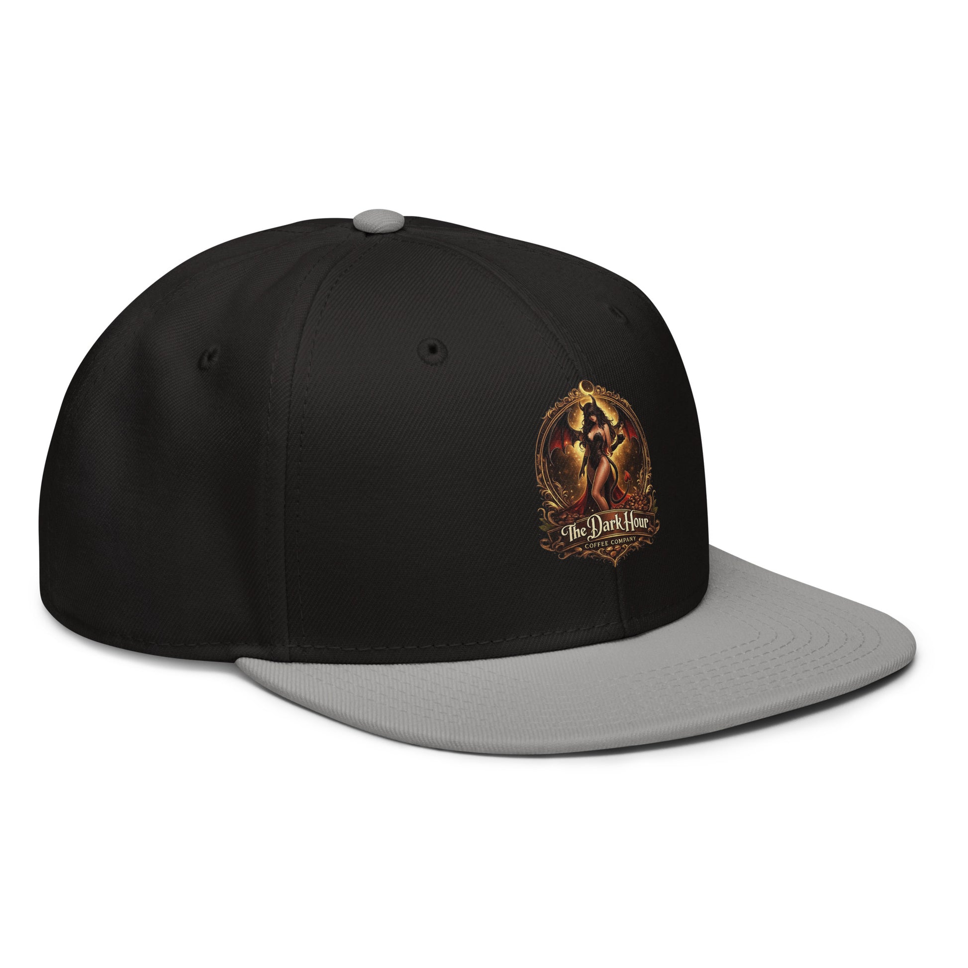 Gray and black snapback hat from The Dark Hour Coffee Company, shown from the right front angle with a structured design.