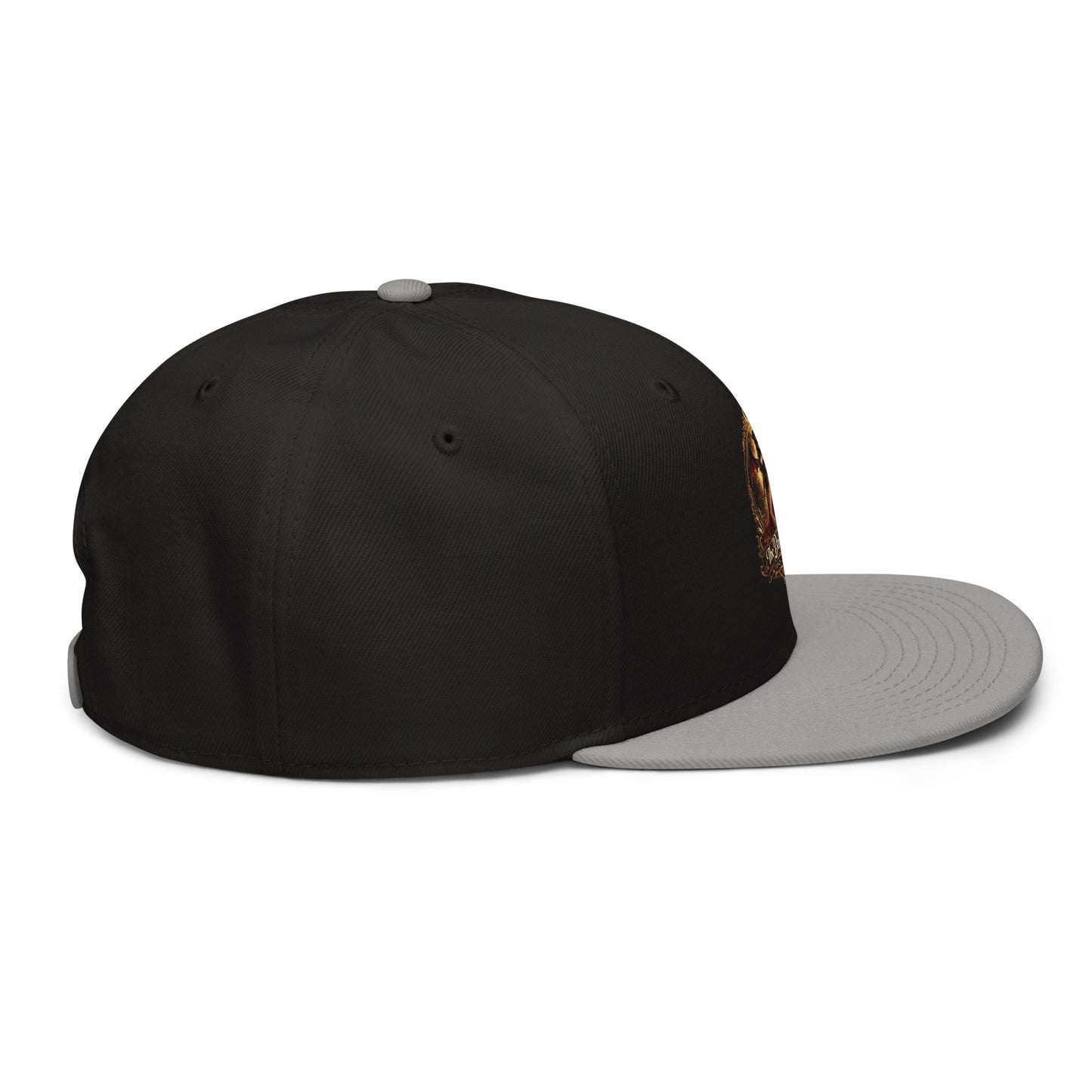 Gray and black snapback hat by The Dark Hour Coffee Company, showing the right side view with a structured brim and adjustable strap.