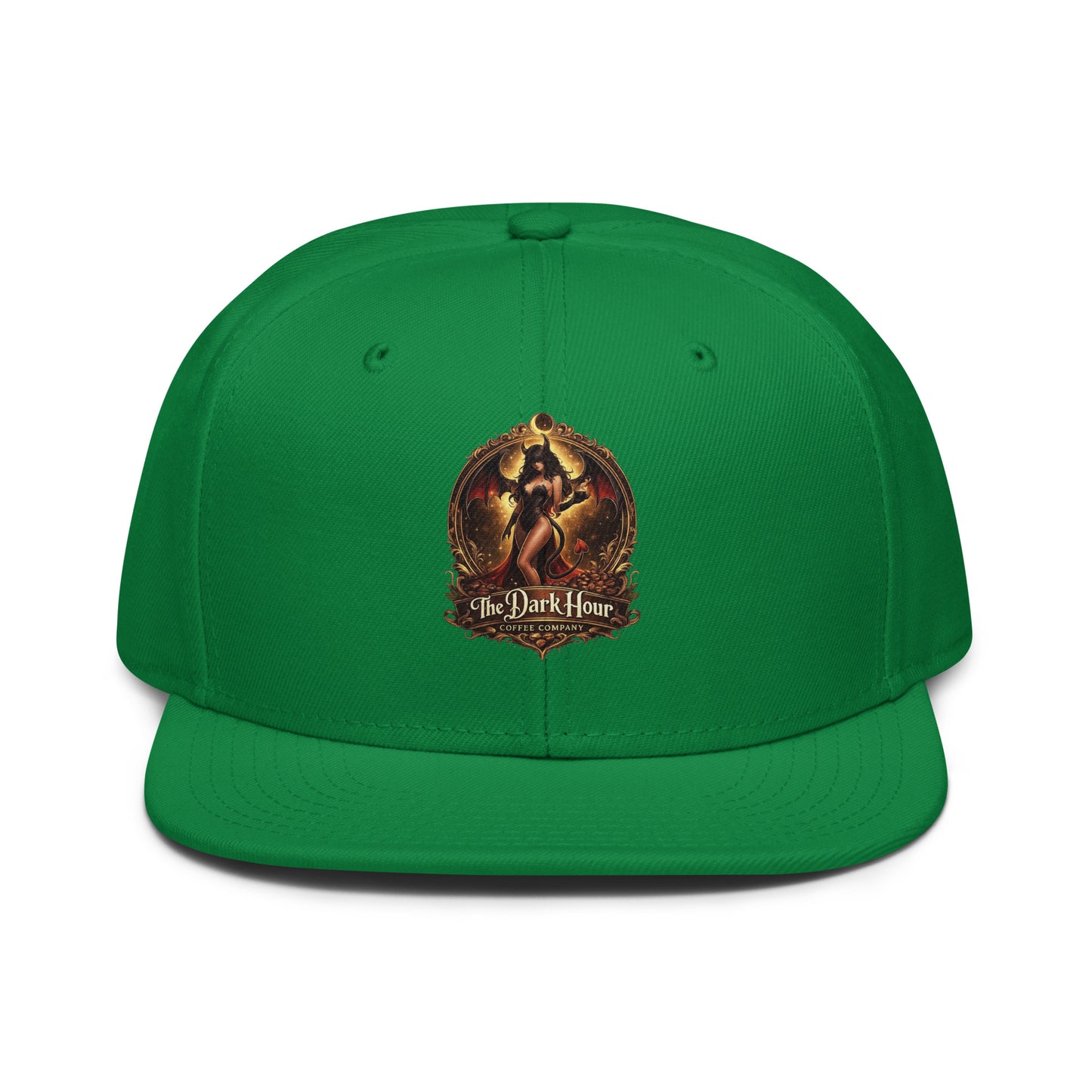 Kelly green snapback hat by The Dark Hour Coffee Company with a structured front panel and adjustable back strap.