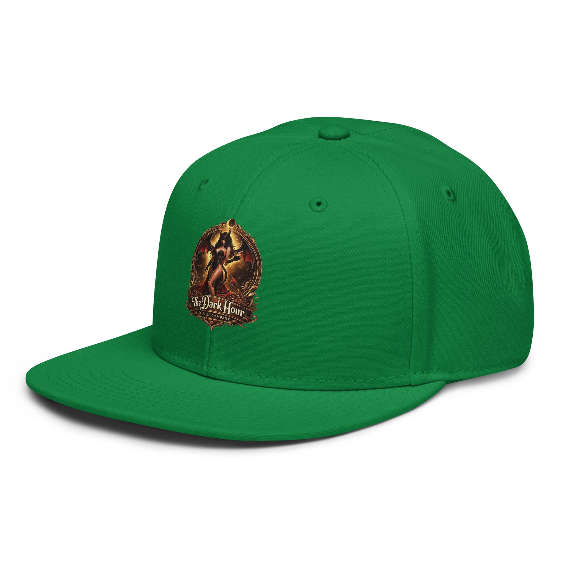 Kelly green snapback hat by The Dark Hour Coffee Company, front view showing adjustable brim and embroidered logo.