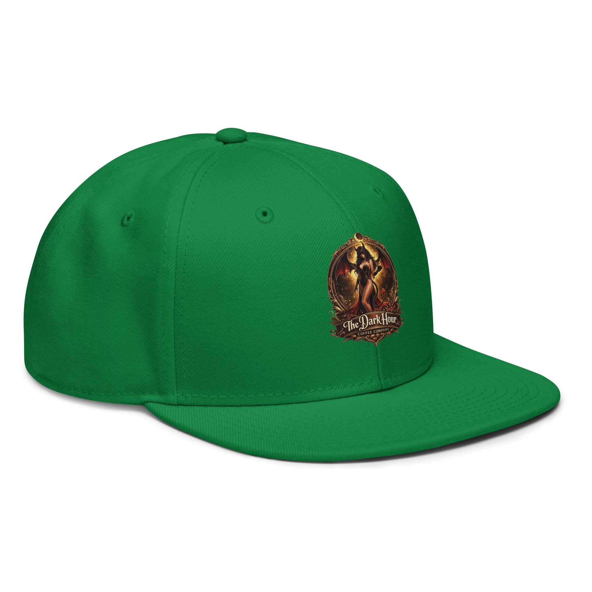 Kelly green snapback hat from The Dark Hour Coffee Company, showing the right front view with adjustable strap and logo detail.