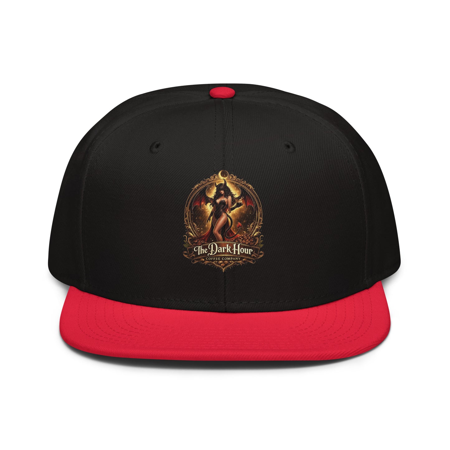 Red and black snapback hat from The Dark Hour Coffee Company with a front logo design.