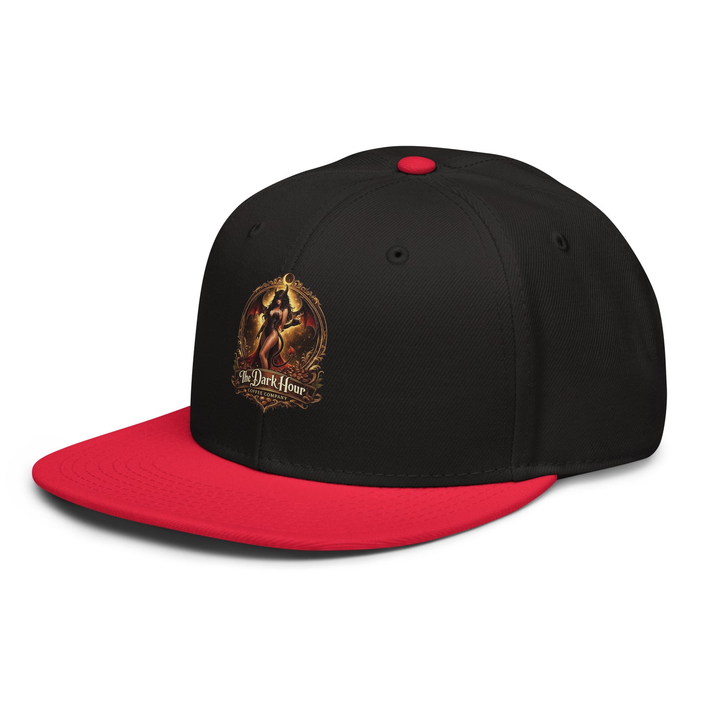 Red and black snapback hat from The Dark Hour Coffee Company, front view showing adjustable strap and logo detail.
