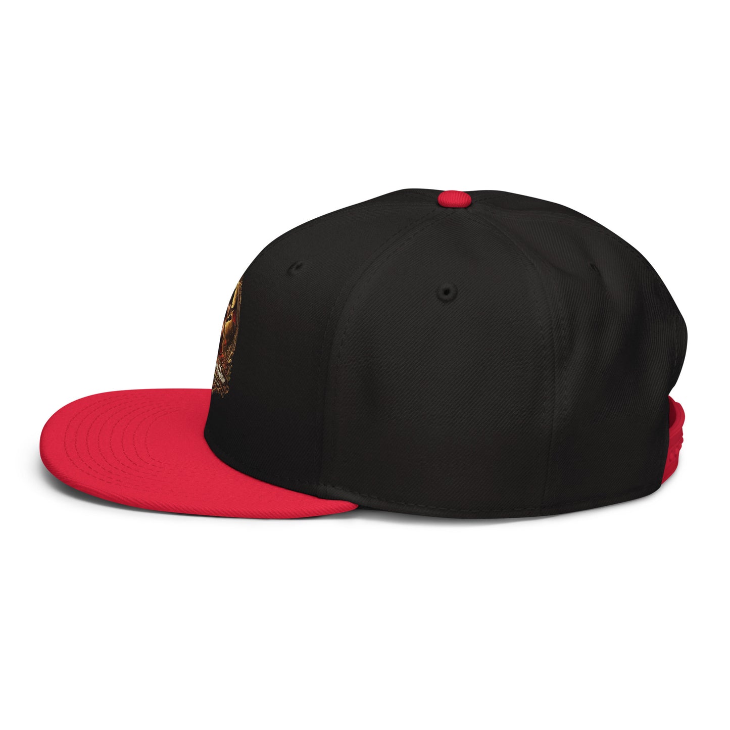 Red and black snapback hat by The Dark Hour Coffee Company, showing the left side with a flat brim and adjustable strap.