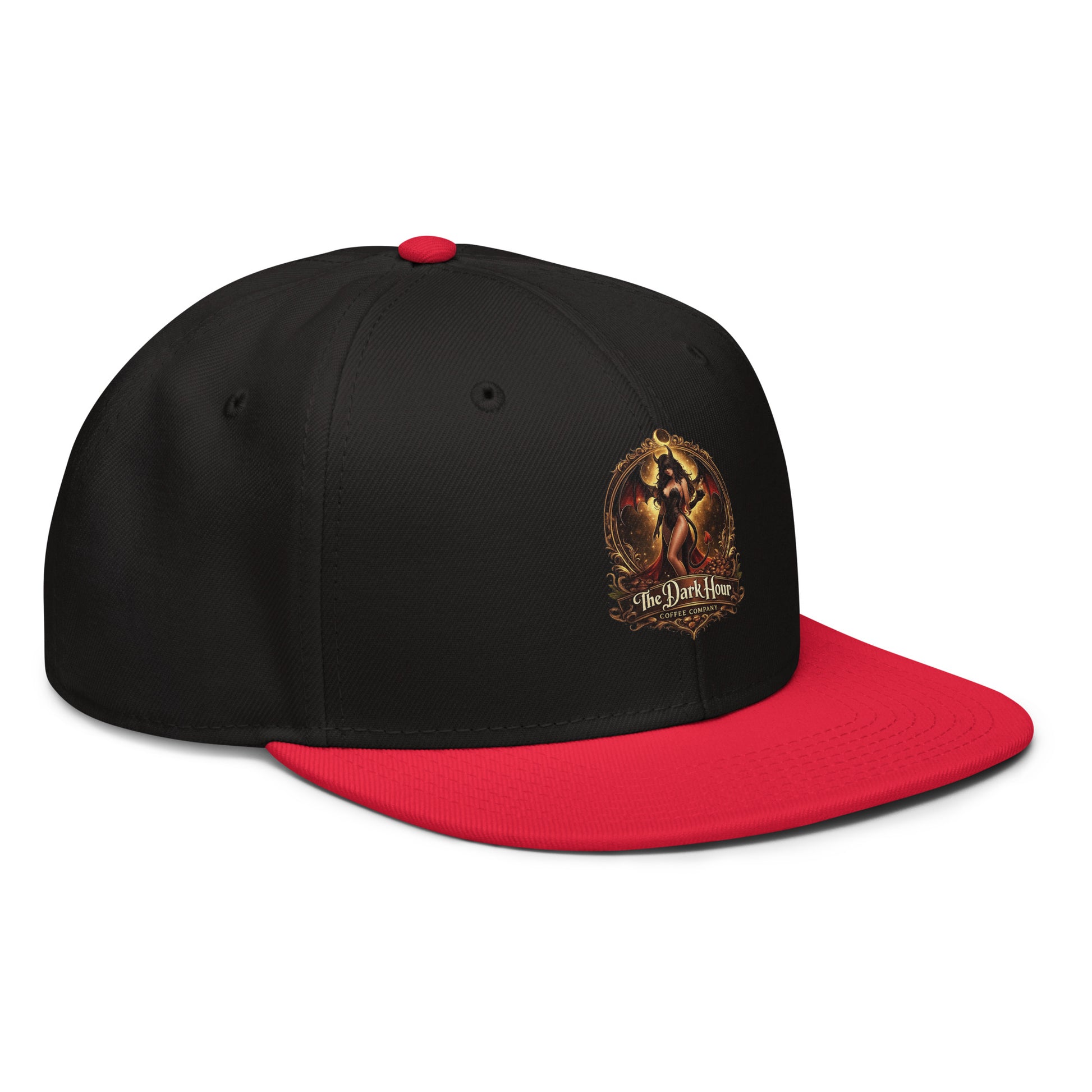 Red and black snapback hat from The Dark Hour Coffee Company, showing the front and side view with adjustable strap.