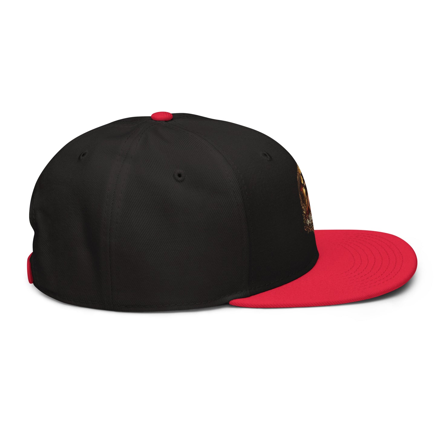 Red and black snapback hat from The Dark Hour Coffee Company, showing the right side with a structured design.
