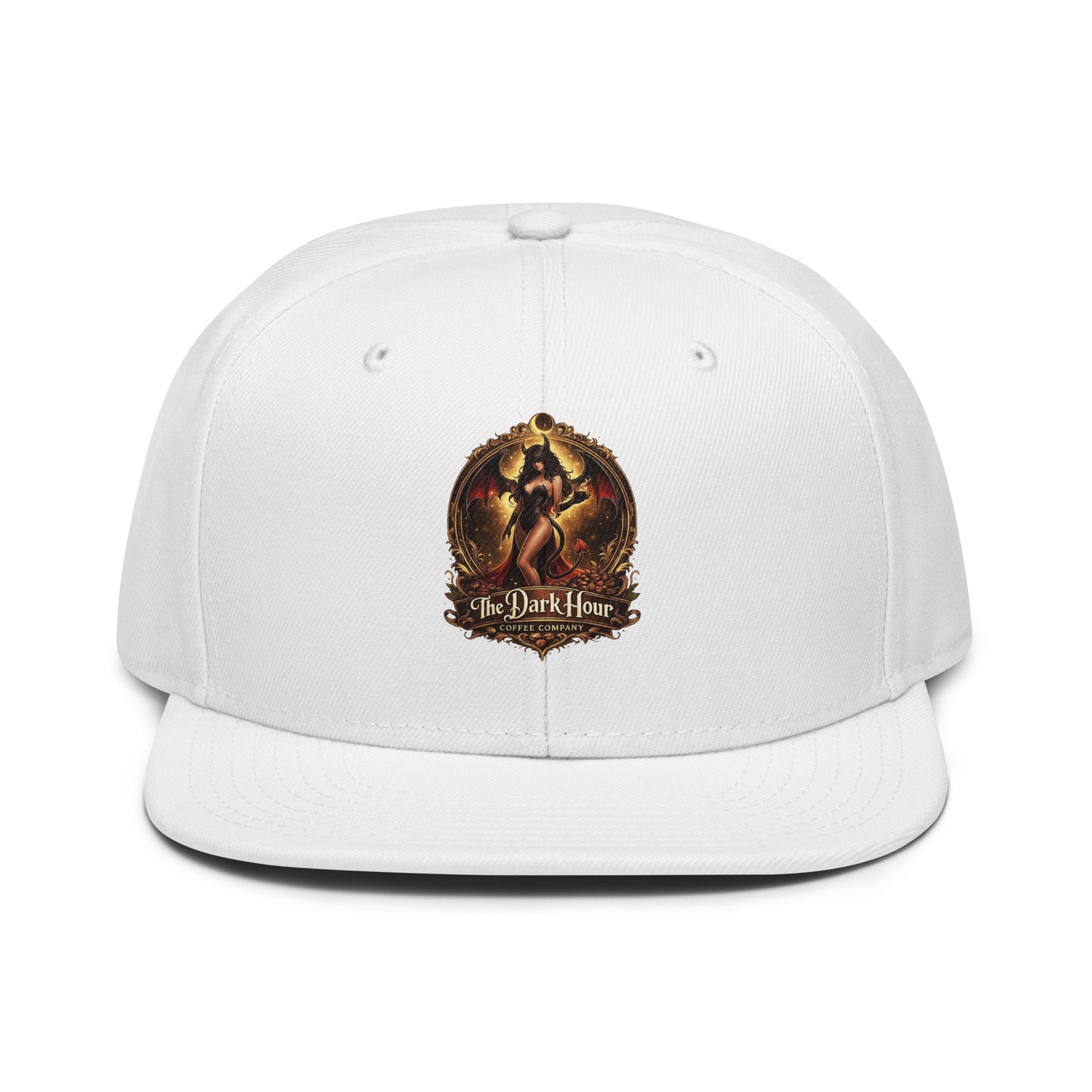 White snapback hat by The Dark Hour Coffee Company with front logo design, adjustable strap, and flat brim.