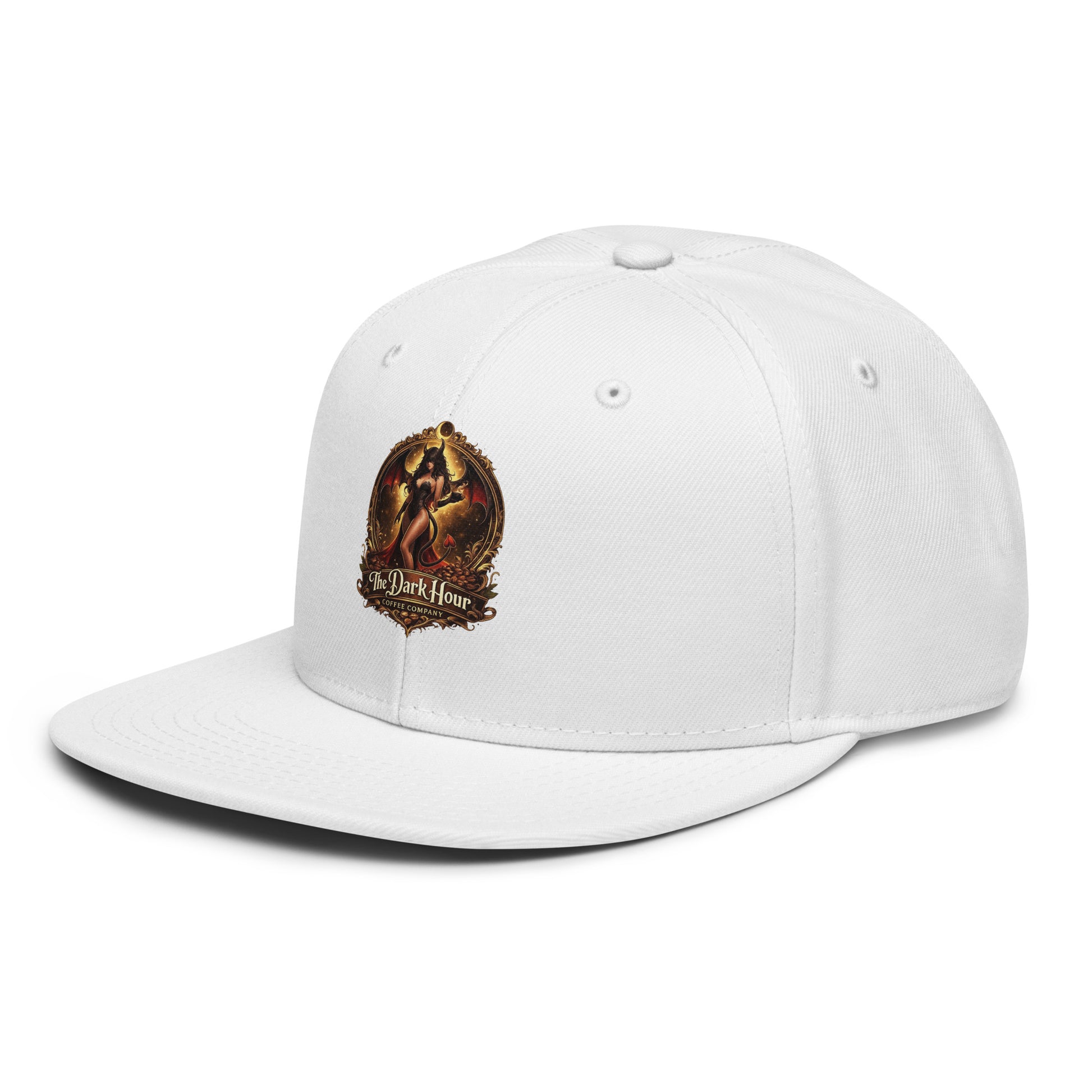 White snapback hat from The Dark Hour Coffee Company viewed from the front left side, showcasing its classic design.